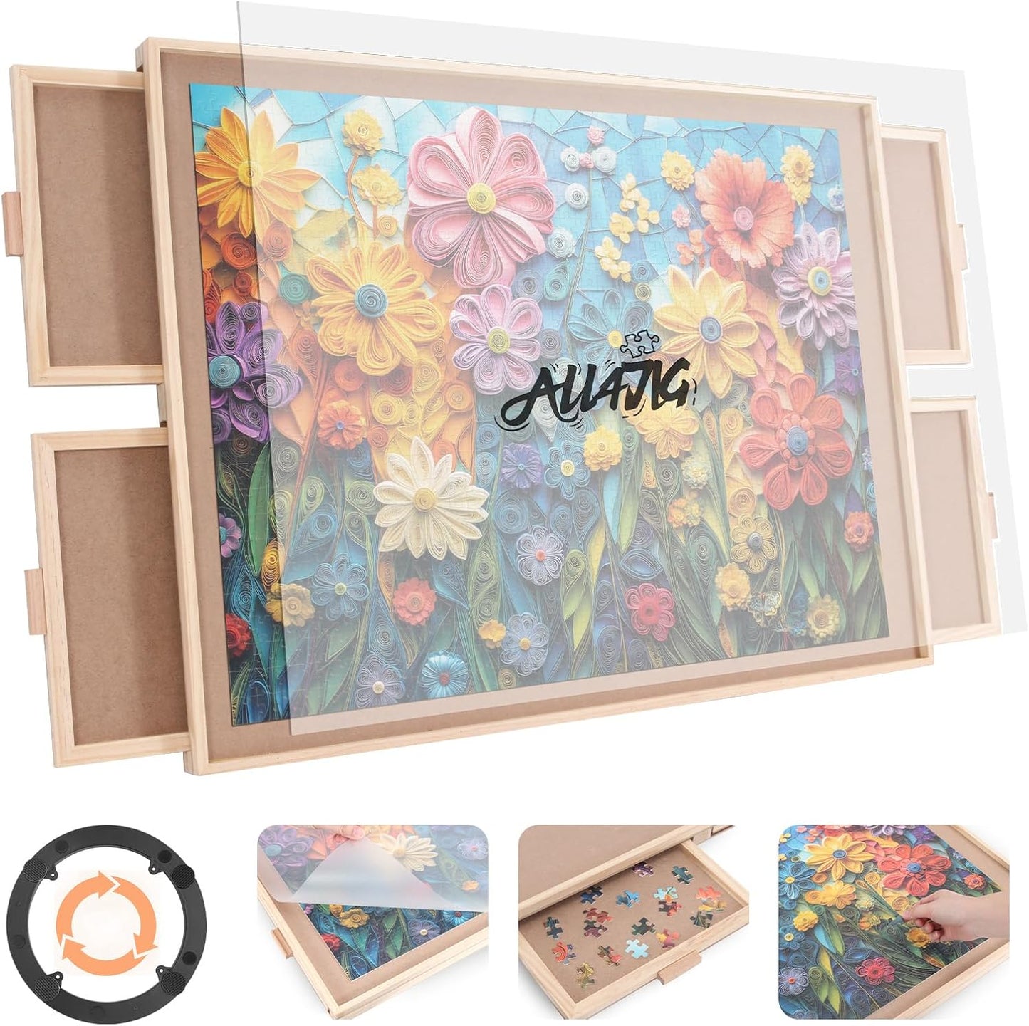 HotALL4JIG 1500 Piece Rotating Puzzle Board with 4 Drawer 24.92"x33.58"Portable Wooden Jigsaw Puzzle Table for Adults,Lazy Susan Spinning Puzzle Boards Birthday Gift for mom,Surface for Lego Building