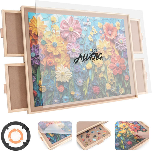 HotALL4JIG 1500 Piece Rotating Puzzle Board with 4 Drawer 24.92"x33.58"Portable Wooden Jigsaw Puzzle Table for Adults,Lazy Susan Spinning Puzzle Boards Birthday Gift for mom,Surface for Lego Building