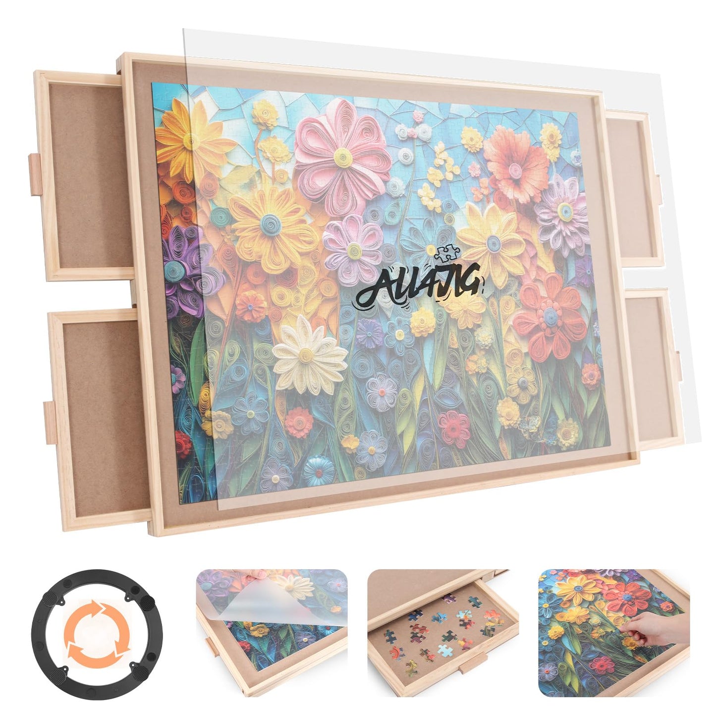 HotALL4JIG 1500 Piece Rotating Puzzle Board with 4 Drawer 24.92"x33.58"Portable Wooden Jigsaw Puzzle Table for Adults,Lazy Susan Spinning Puzzle Boards Birthday Gift for mom,Surface for Lego Building