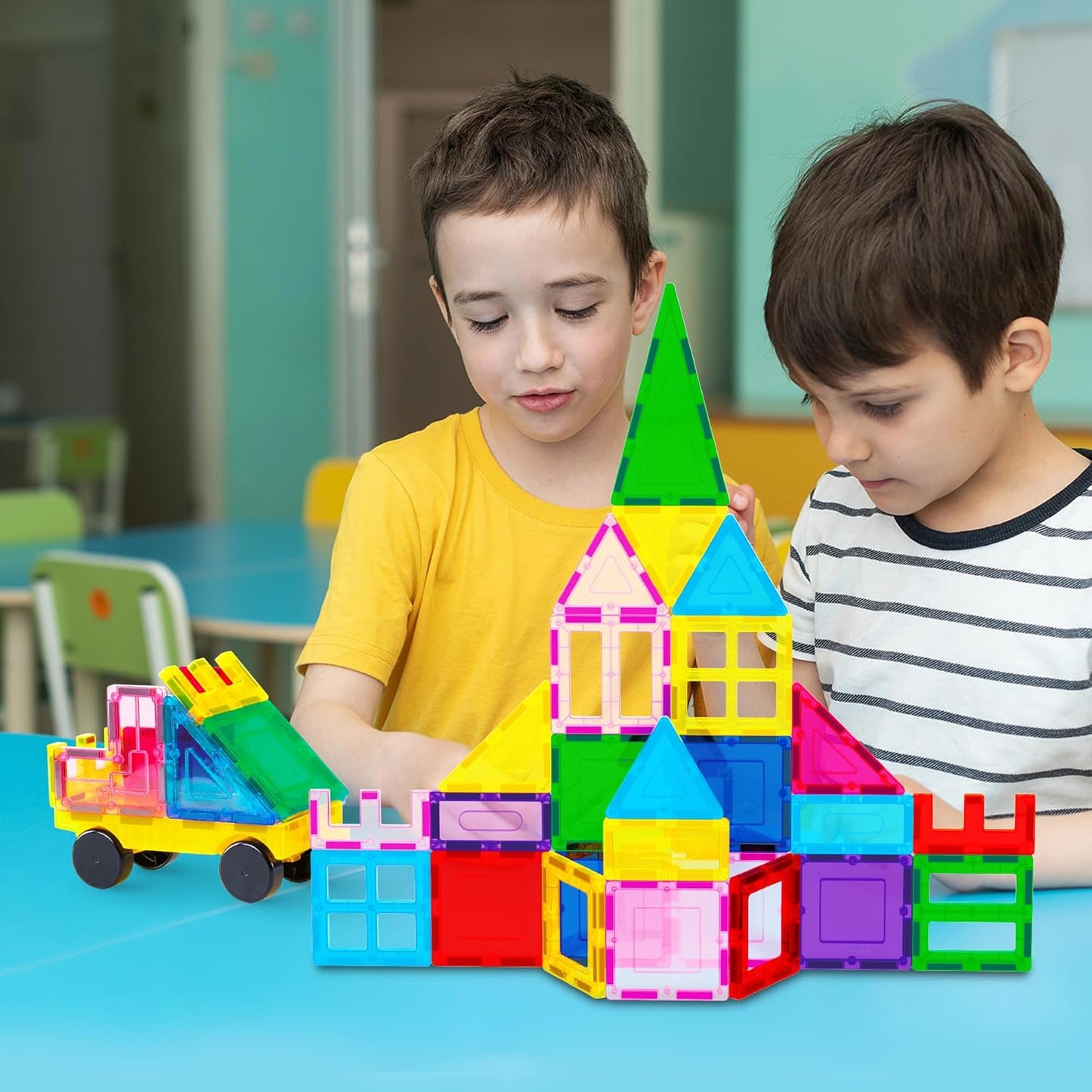 HotPicassoTiles 101 Piece Magnetic Tiles Building Set with Car & Bag Ages 3+ | BPA-free plastic, smooth-edge design, doors/windows, specialty shapes, spatial reasoning, hand-eye coordination, pretend play