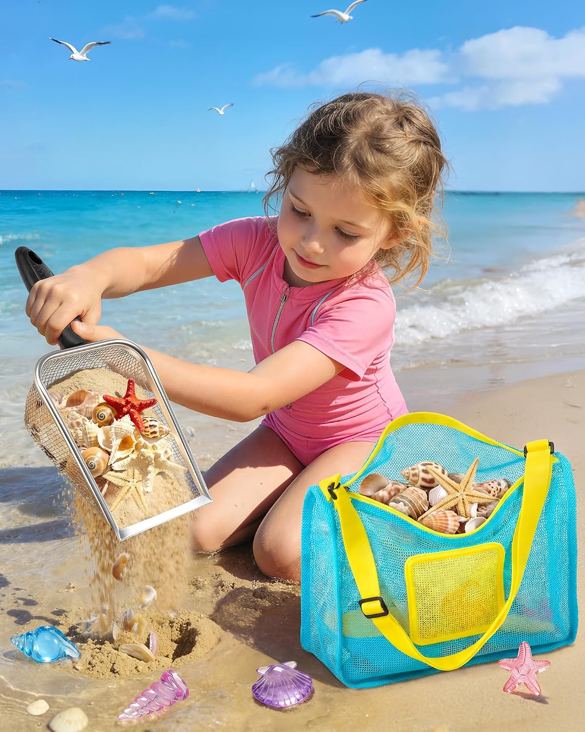 Hot DISHIO Beach Toys for Kids, 24 Pcs Metal Sand Sifter & Collapsible Beach Buckets Set, Stainless Steel Sand Shovel, Sandcastle Building Kit with Mesh Bag, Travel Sand Toys for Toddlers Age 3-10