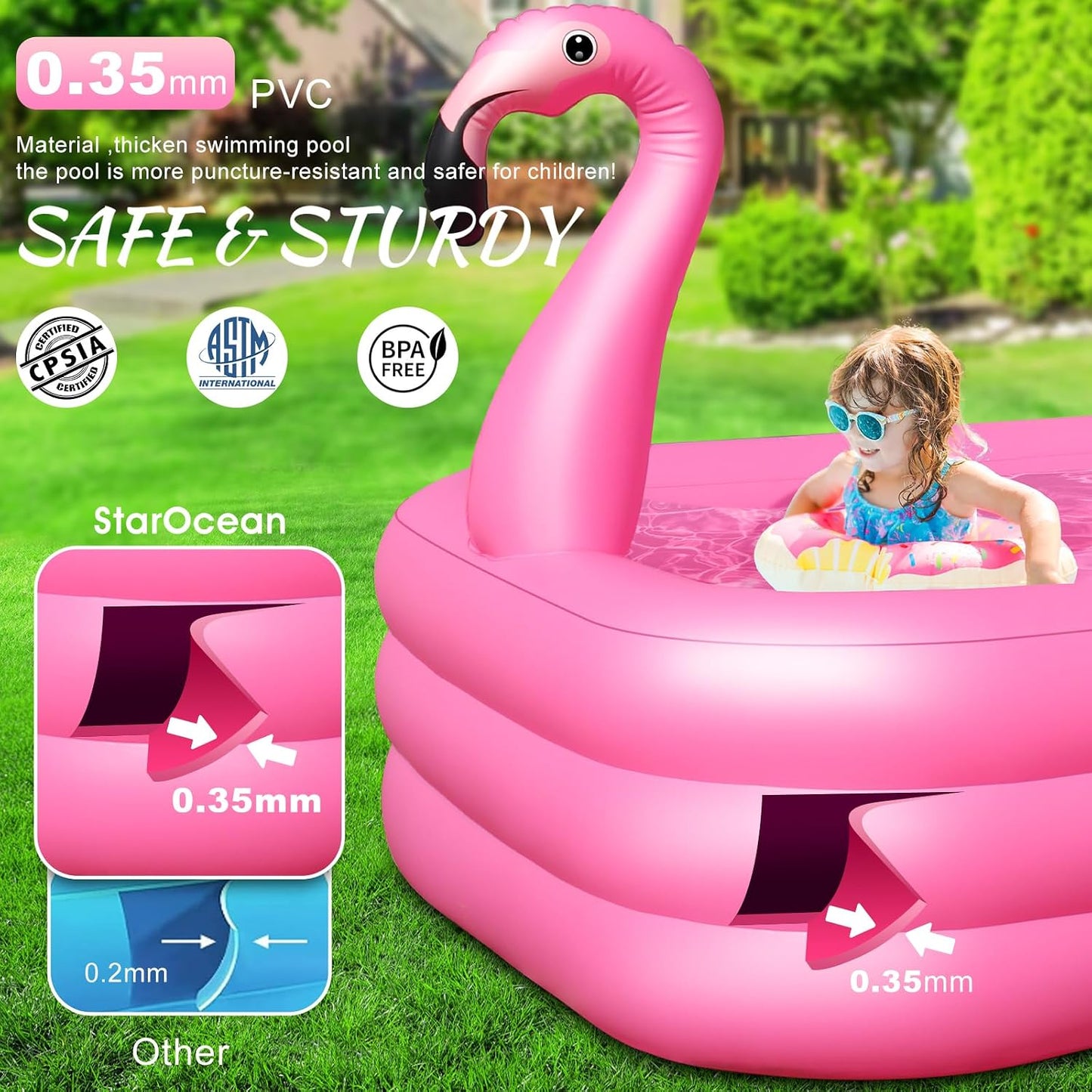 Hot Inflatable Pool with Lights, Solar Flamingo Swimming Pool for Kids,Adults Inflatable Blow up Pool, Large Kiddie Pool,Durable Thickened Kids Pool for Backyard,Outdoor,100"X63"X20"-Bright Pink