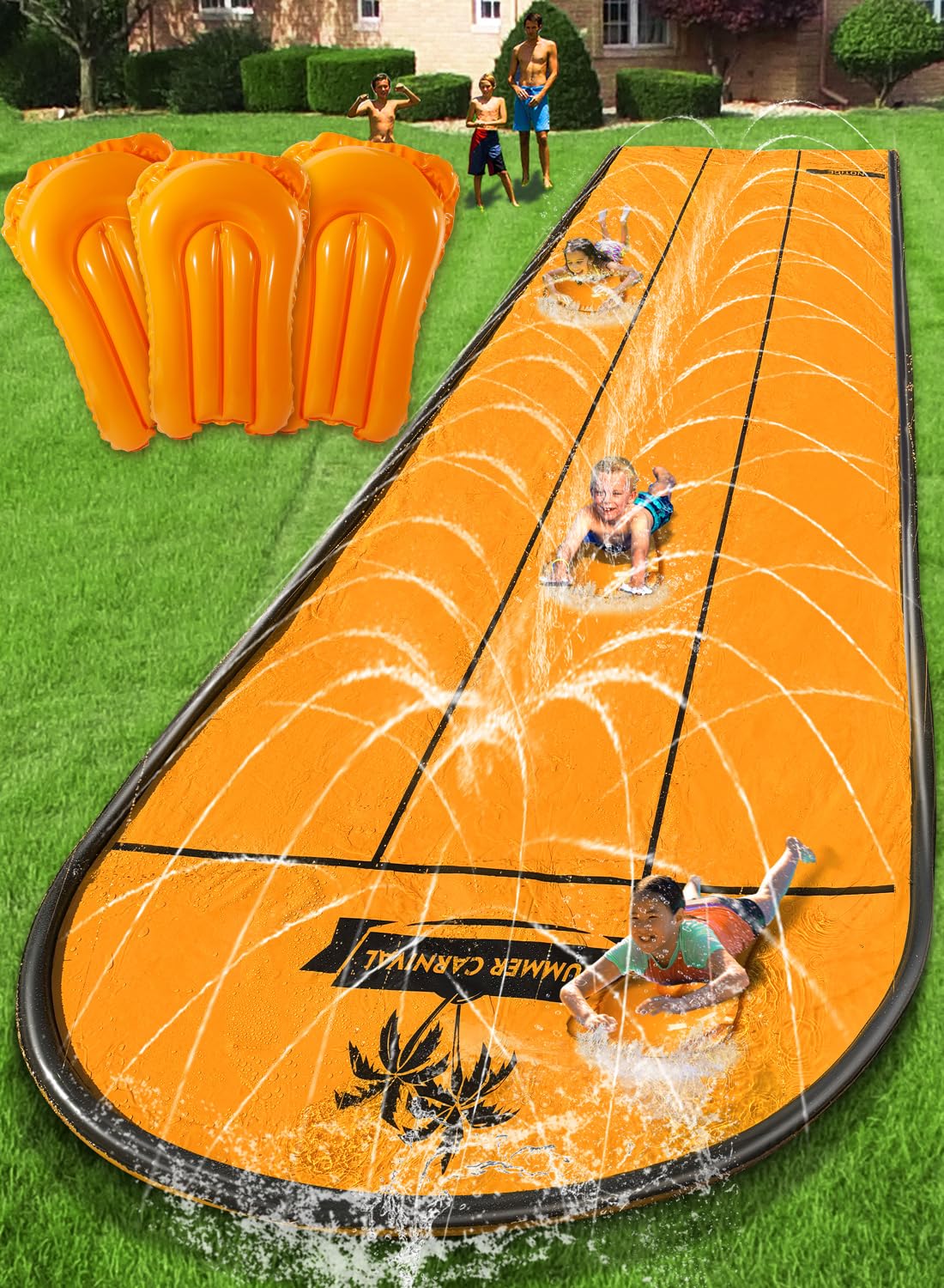Hot Spring Water Slip and Water Slide for Kids Backyard, 22ft*3 Racing Lanes Slip Water Slides with Sprinkler for Age 5-8 8-12, Summer Outdoor Water Toy with 3 Inflatable Bodyboards