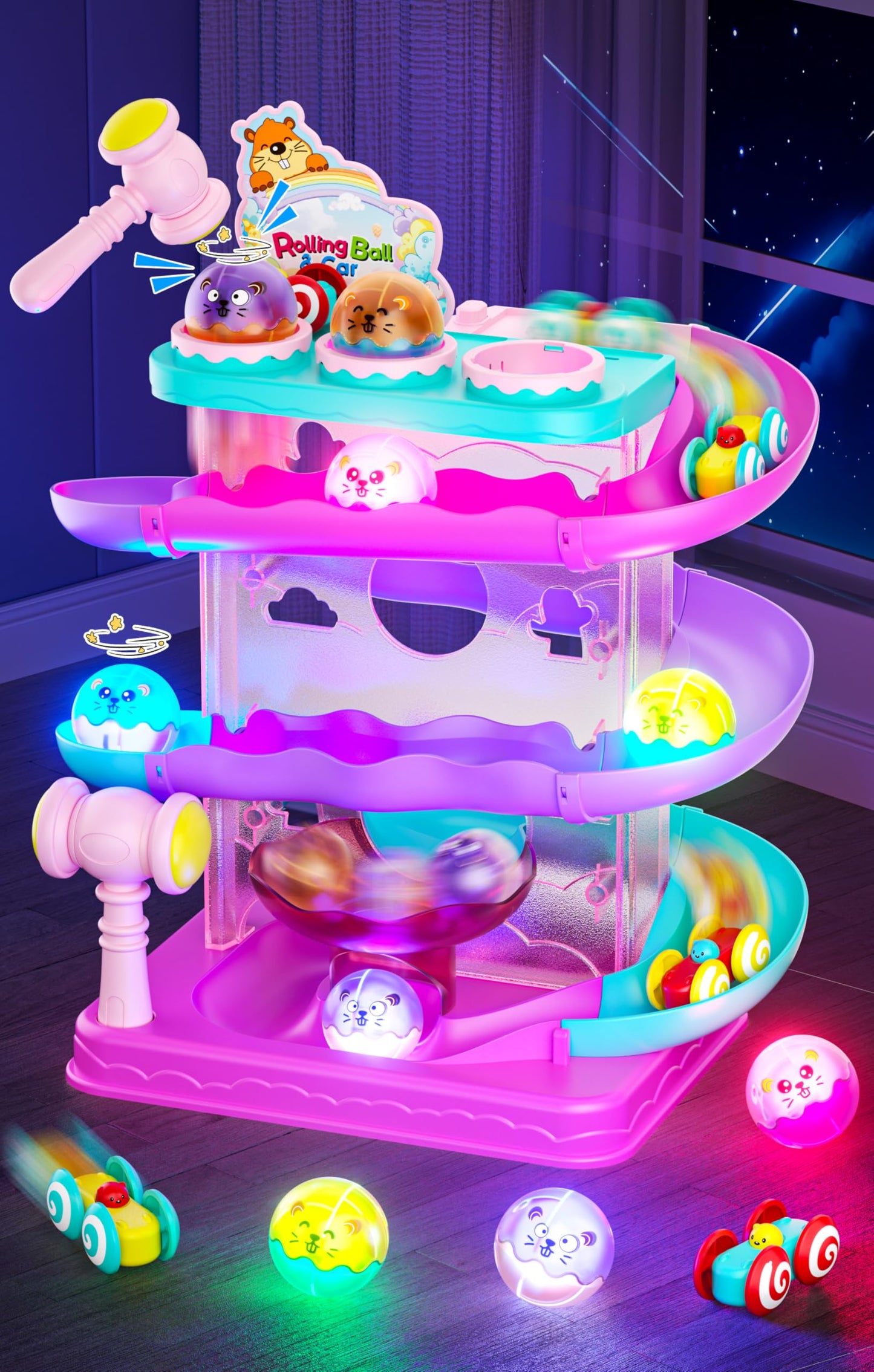 Hot2-in-1 Rolling Ball & Car Ramp Race Track for Toddlers, Hammer Ball Drop Toy for Boys & Girls, Interactive Playset w/Sensor Lights - Montessori STEM Learning Toys for Kids 1-5+ Year Old