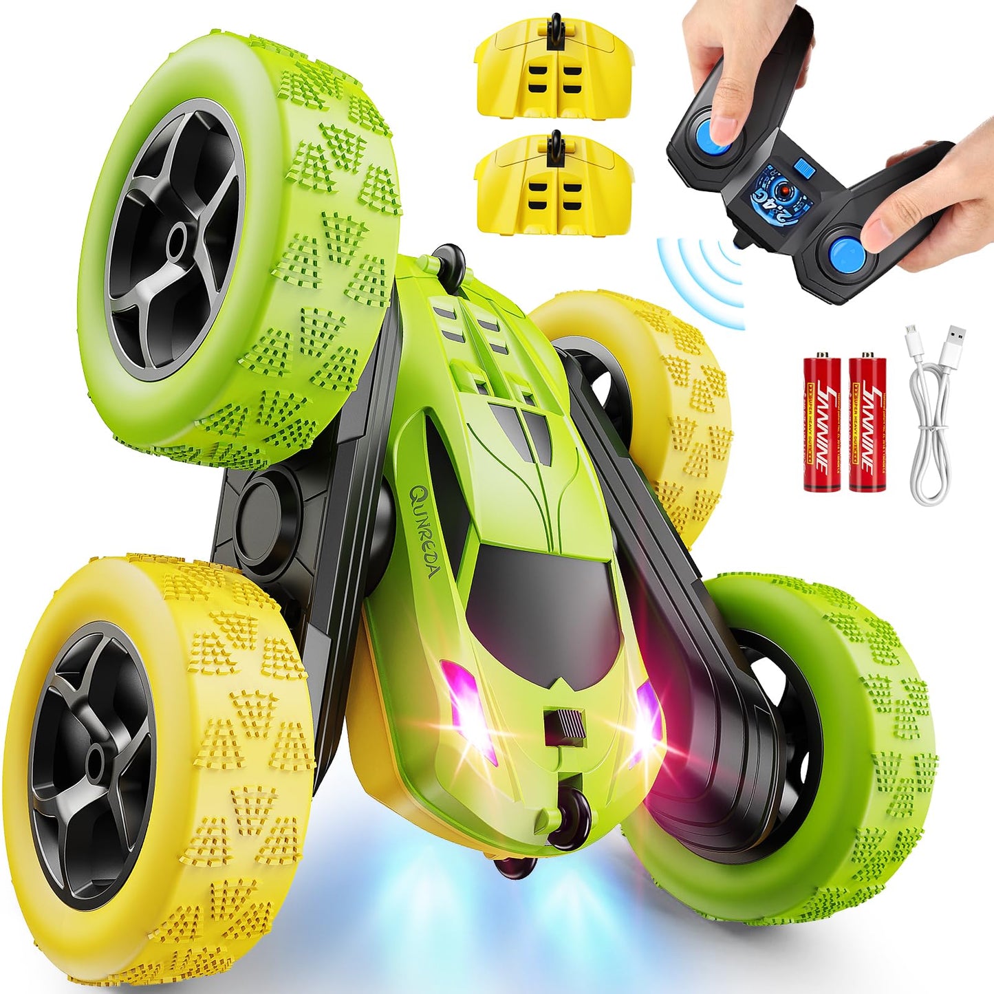 HotQUNREDA Remote Control Car, RC Cars Toys for Kids Ages 6-12, 4WD Stunt Car with LED Lights & 360° Flips, 2.4GHz, Upgraded USB-C Modular Batteries, 8-10 Year Old Boys Birthday Gift 1-Blue