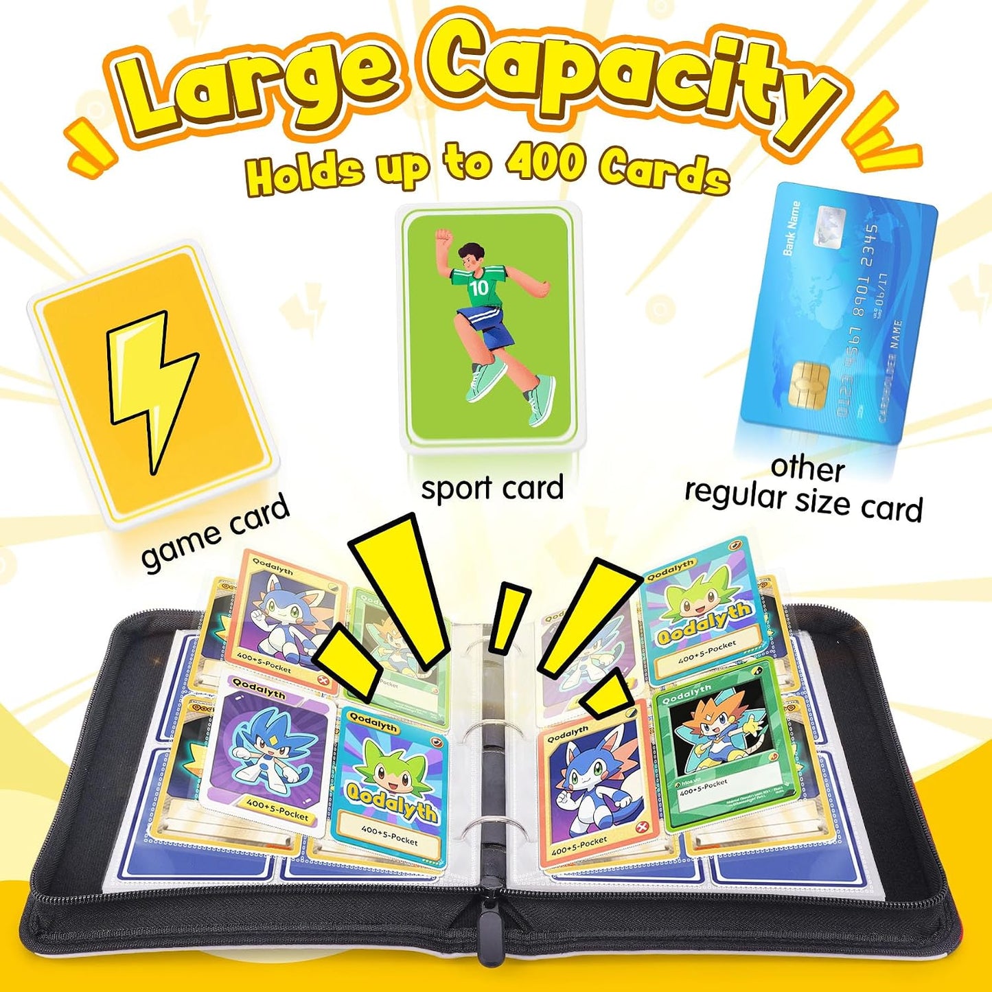 Hot Card Binder – 4 Pocket Zipper Collection Album, Premium PU Holder, Double-Sided Display for 400 Cards, Includes 5 Hard Plastic Sleeves for Game Cards, Sports Cards