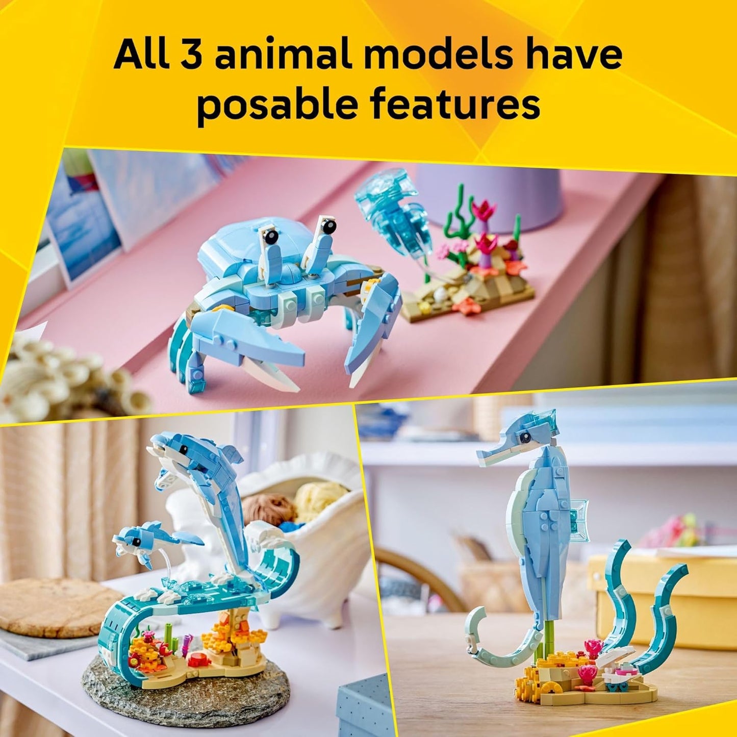 Hot LEGO Creator 3 in 1 Sea Animals: Beautiful Dolphins Building Toy for Girls, Boys, & Kids, Ages 8+ - Gift for Birthdays - Build a Dolphin, Seahorse, or Crab Animal Figure - 31385