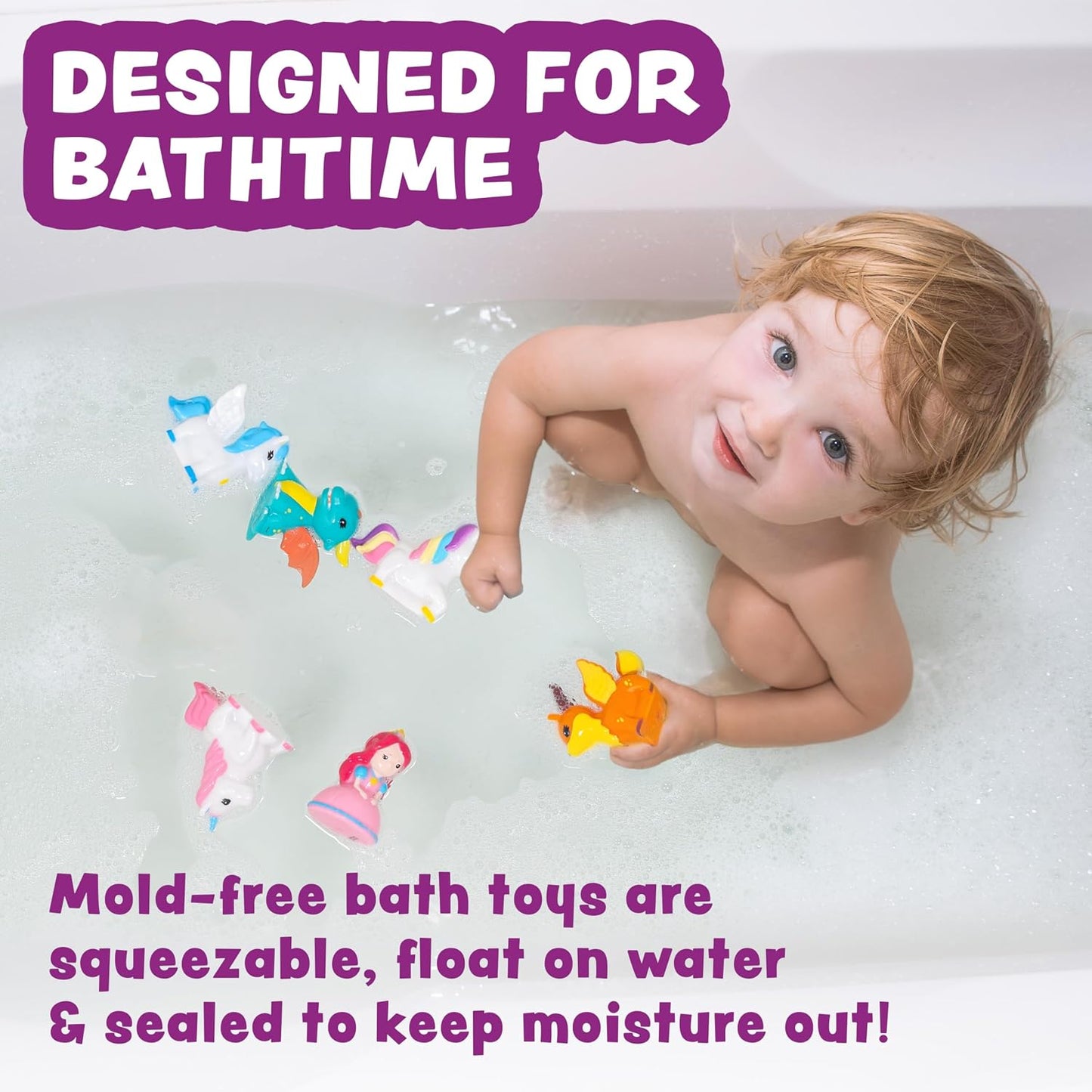 HotTub Works® Fantasy Watertight Bath Toys, 6 Pack | Sealed, No Hole Bath Toys Design Keeps Moisture Out | Soft, Squeezable & Float on Water | Baby & Toddler Bathtub Toy | Unicorn Baby Girl Bathtub Toy