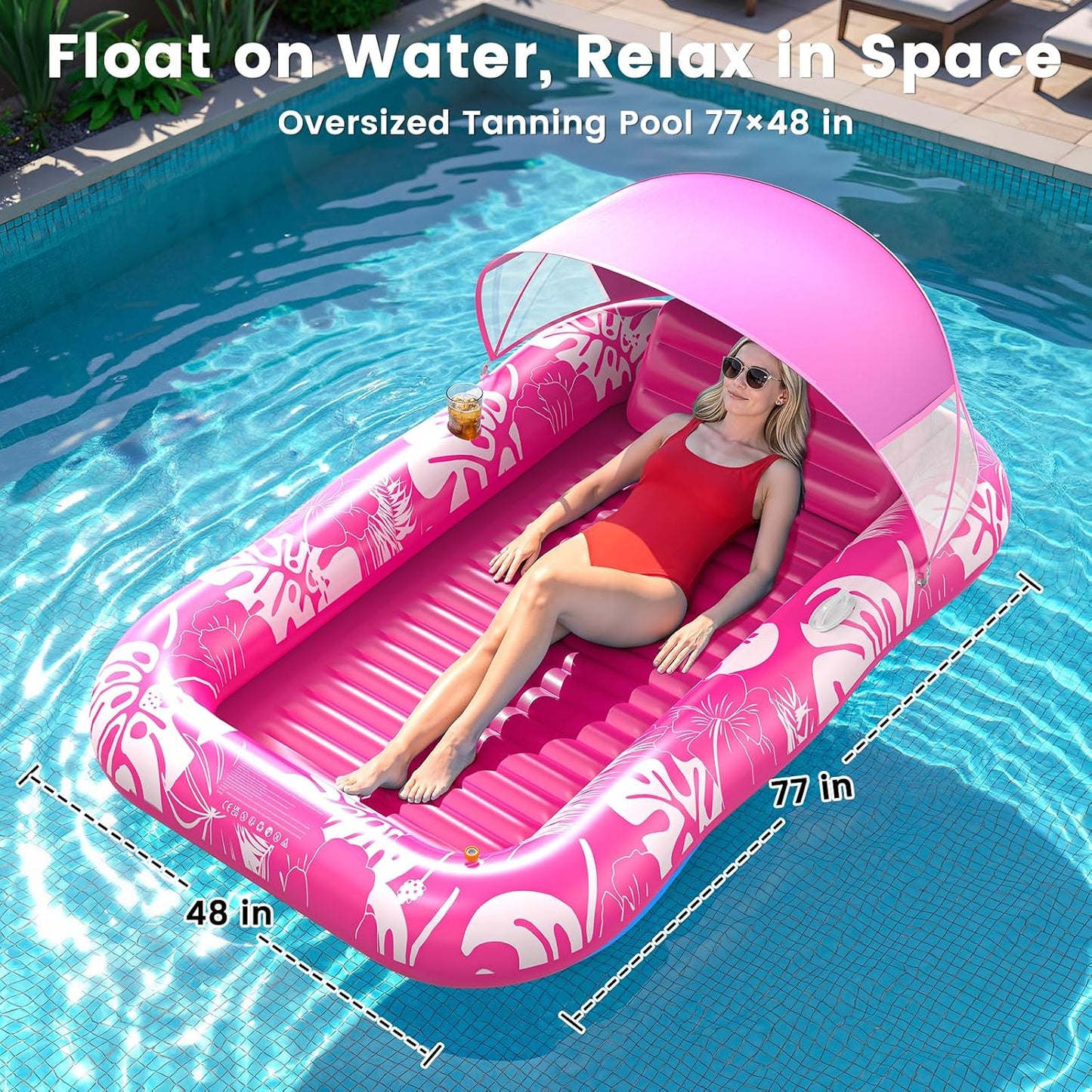 Hot Inflatable Tanning Pool Lounger Float with Sprinkler & Canopy UPF50+, 77" x 48" Extra Large Tanning Pool Float for Adults, Sunbathing Water Lounge Bed with Pillow & Cup Holder for Backyard & Pool