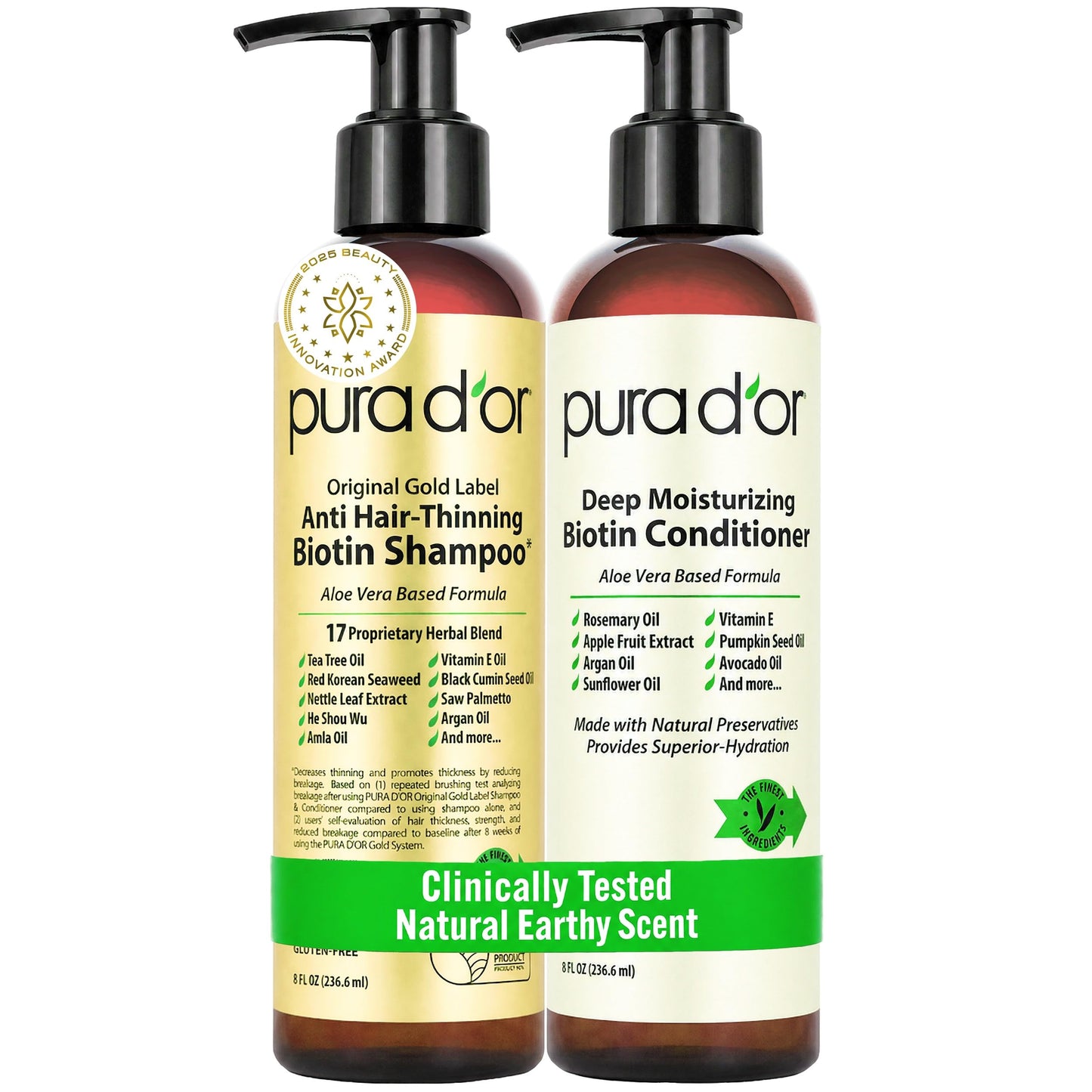 HotPURA D'OR Anti-Thinning Biotin Shampoo & Hair Regrowth Conditioner, CLINICALLY TESTED Effective Results, Thickening Herbal Blend For Women & Men, Original Gold Label Set, Natural Earthy Scent, 16oz x2