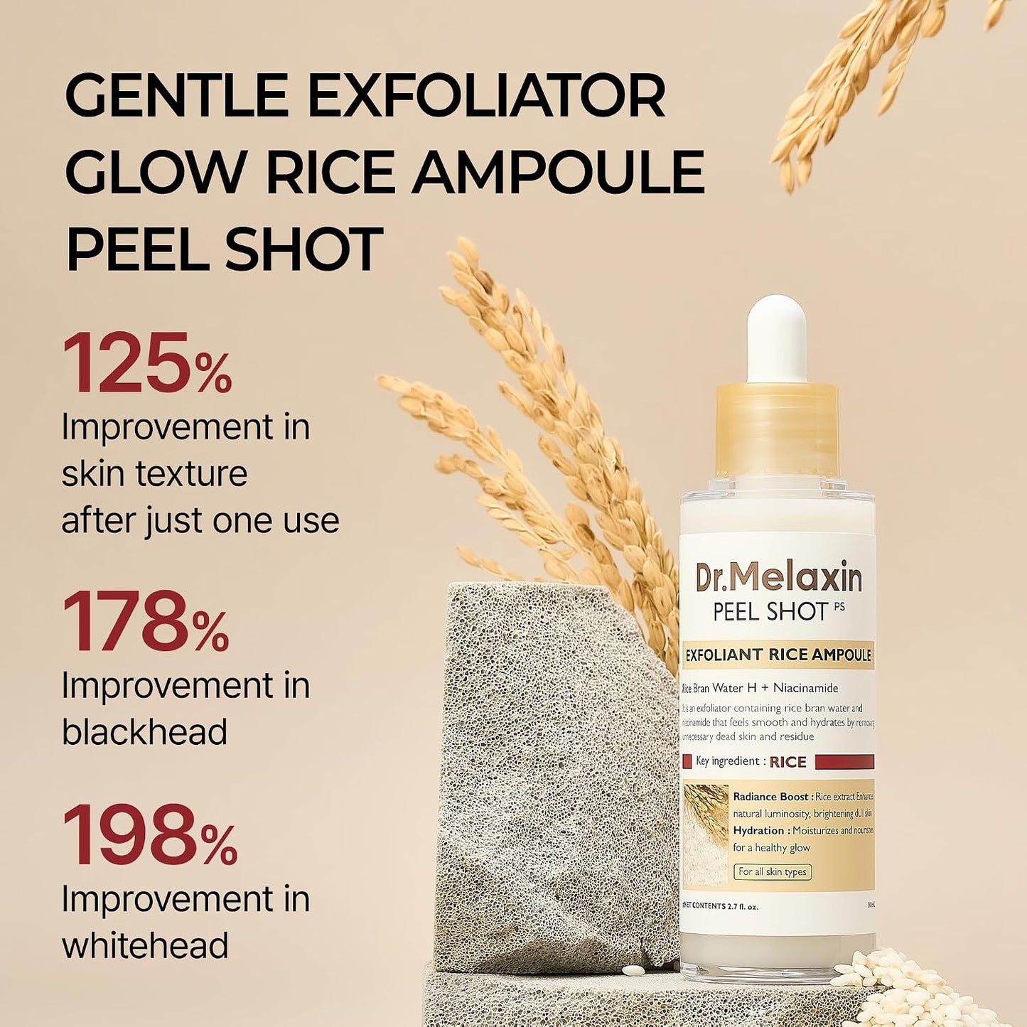 HotDr.Melaxin Peel Shot Glow White Rice Peeling Ampoule with Rice Extract & AHA BHA, Brightening & Gentle Exfoliating Serum for Sebum Control, Niacinamide & Hyaluronic Acid, Korean Skincare, 2.71 fl.oz