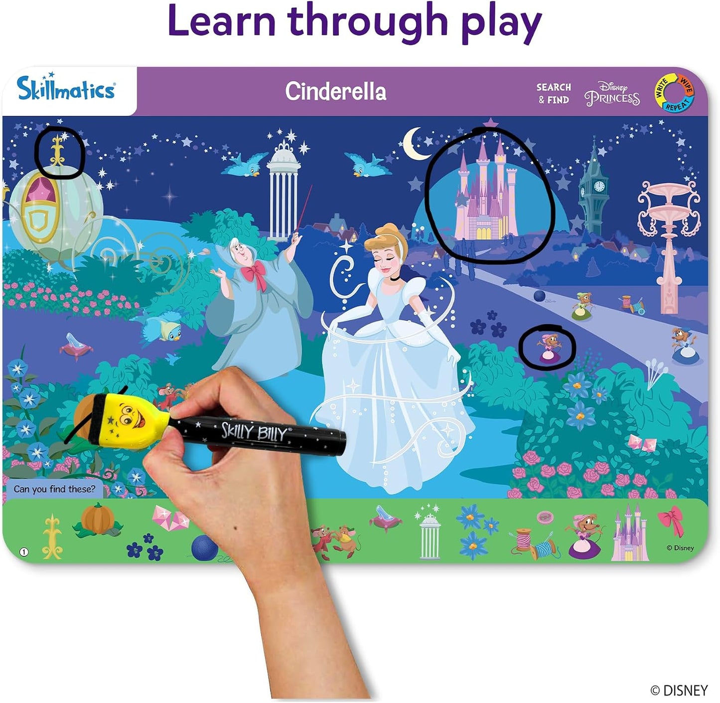 HotSkillmatics Search and Find – Disney Princess, Reusable Educational Game | Reusable Preschool Learning Activity for Toddlers & Kids, Screen-Free Fun, Art & Crafts, Gifts for Boys & Girls Ages 3–6