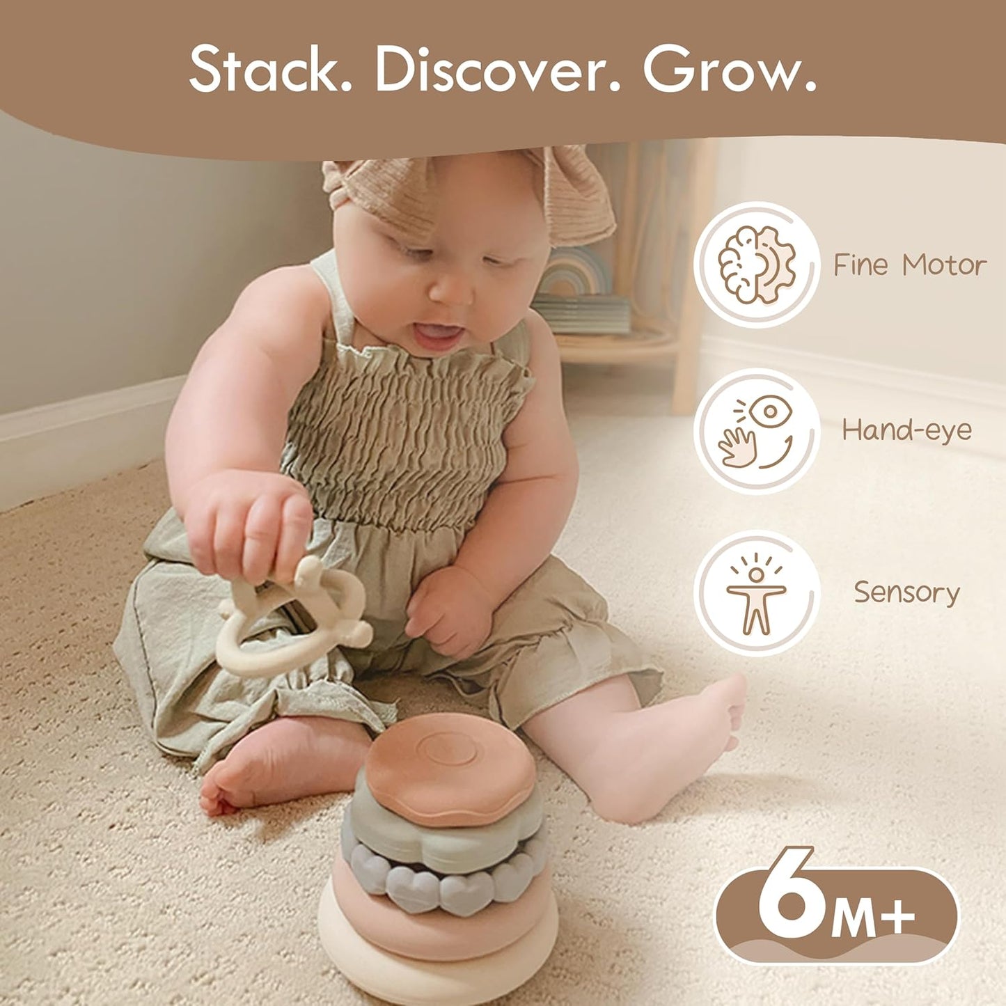 HotMoonkie Stacks of Circles Soft Teething Toy | Educational Learning Baby Toy | Stacking Ring Toys for Babies Boy and Girl | 7 Piece Teethers Set