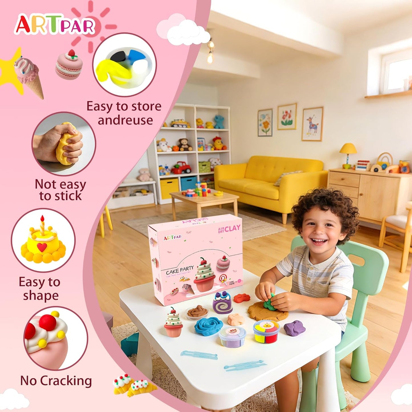 HotARTPAR Air Dry Clay Kit,12 Desserts Modeling Magic Clay for Kids Craft Kit | Ultra-Light & Soft, Safe and Non-Sticky | Cute DIY Art & Crafts Fun Kitchen Toys, Home Party Favors Gifts for Boys & Girls