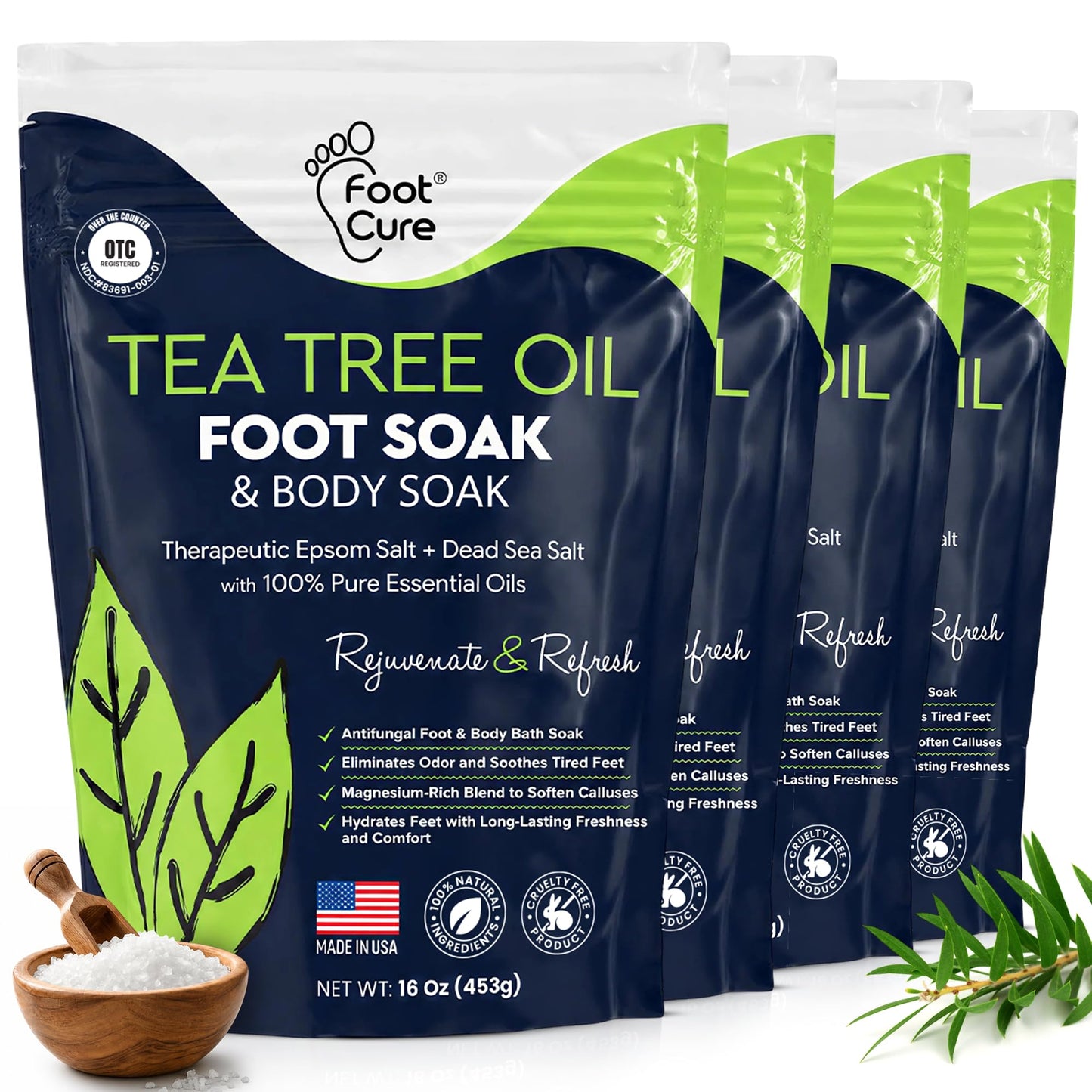 HotTea Tree Oil Foot Soak with Epsom Salt - For Toenail Repair, Athletes Foot, Softens Calluses, Soothes Sore & Tired Feet, Nail Discoloration, odor Scent, Spa Pedicure Care - Made in USA 16 oz
