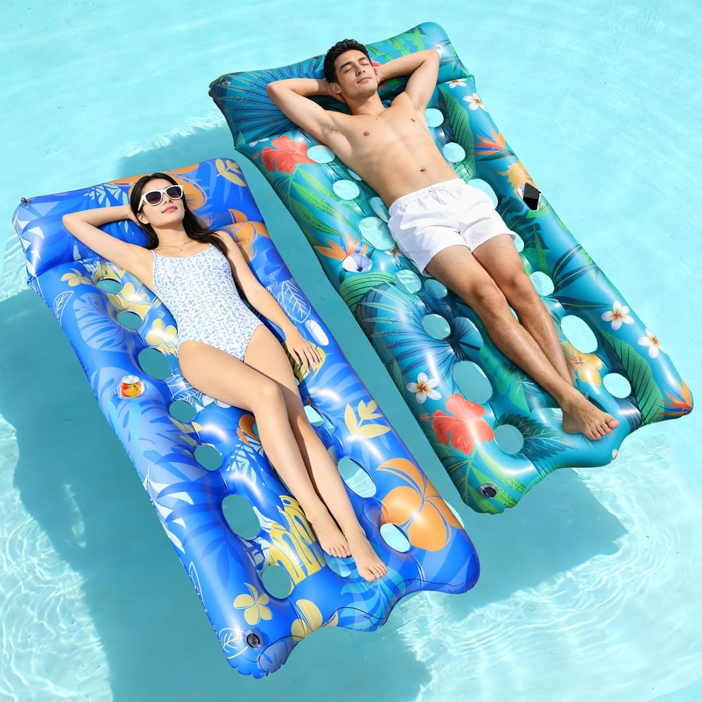 Hot Pool Floats Lounger, 2 PCS 72''x35'' Ultra-Comfort Pool Rafts for Adults with Cooling Headrest and Cup Holders, Pool Floaties Raft Mat for Sun Tanning Swimming Beach Outdoor Pool Lake Party