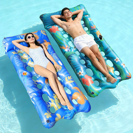 Hot Pool Floats Lounger, 2 PCS 72''x35'' Ultra-Comfort Pool Rafts for Adults with Cooling Headrest and Cup Holders, Pool Floaties Raft Mat for Sun Tanning Swimming Beach Outdoor Pool Lake Party