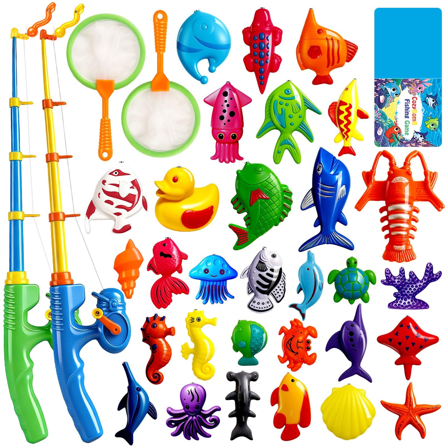 HotCozyBomB™ Magnetic Fishing Toys Game Set for Kids | Water Table Bathtub Kiddie Pool Party Pole Rod Net, Outdoor Plastic Floating Fish, Toddler Bath Color Ocean Sea Animals Birthday Gift Age 3-5 6 4-8