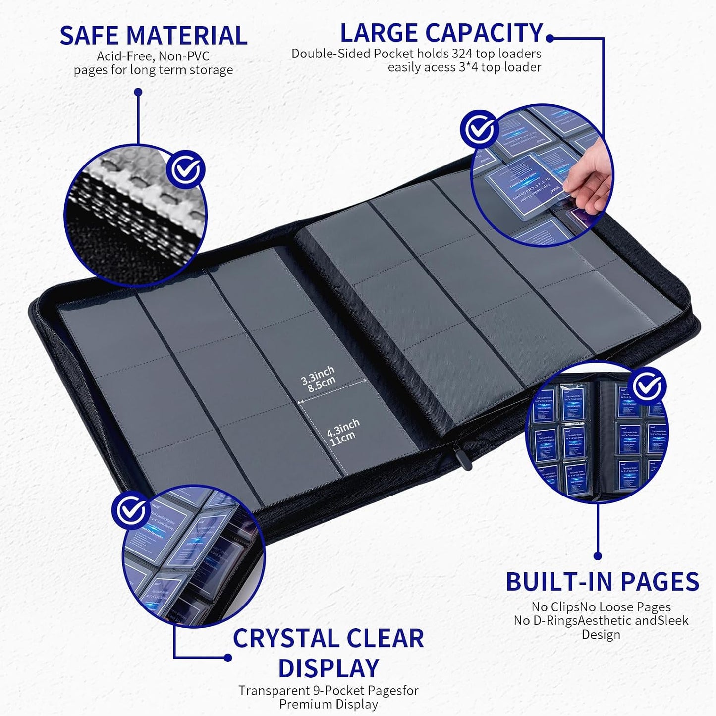 HotToploader Binder Holds 324 Toploaders - 20 Toploaders|Waterproof PU Leather + Anti-Yellowing PP Inserts | Ridge Tab Sorting Portable top loader binder for cards(For Sports/Game Cards)