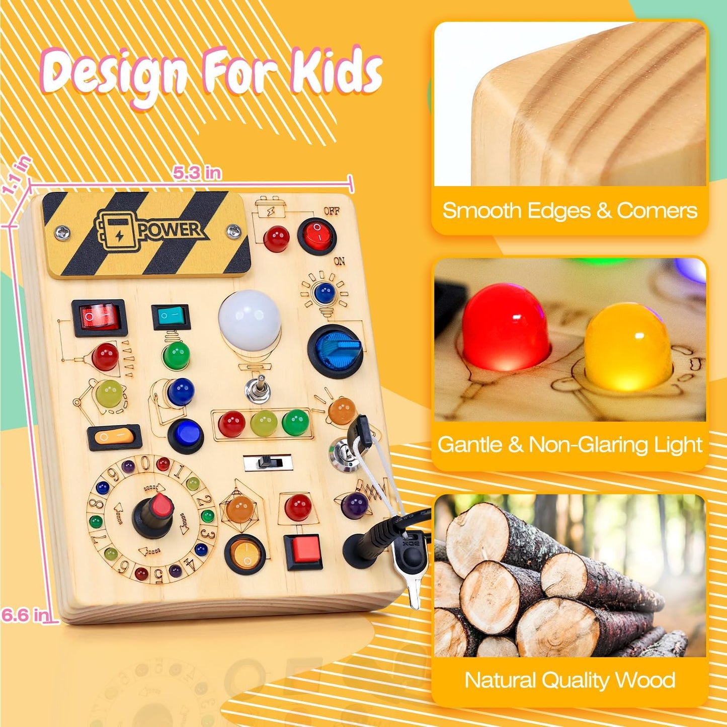 HotBusy Board with LED Light Switches, Montessori Toys for 1 2 3 Years Old, Toddlers Wooden Toy Sensory Activity Board, Travel Toys for 1+ Year Old Boy & Girl Birthday Gift