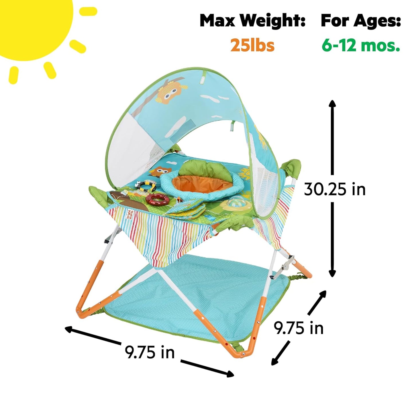 Hot Bright Starts Pop 'N Jump Portable Baby Jumper, Foldable Indoor/Outdoor Baby Jumper with Owl Forest Sensory Activities, Ages 6–12 Months