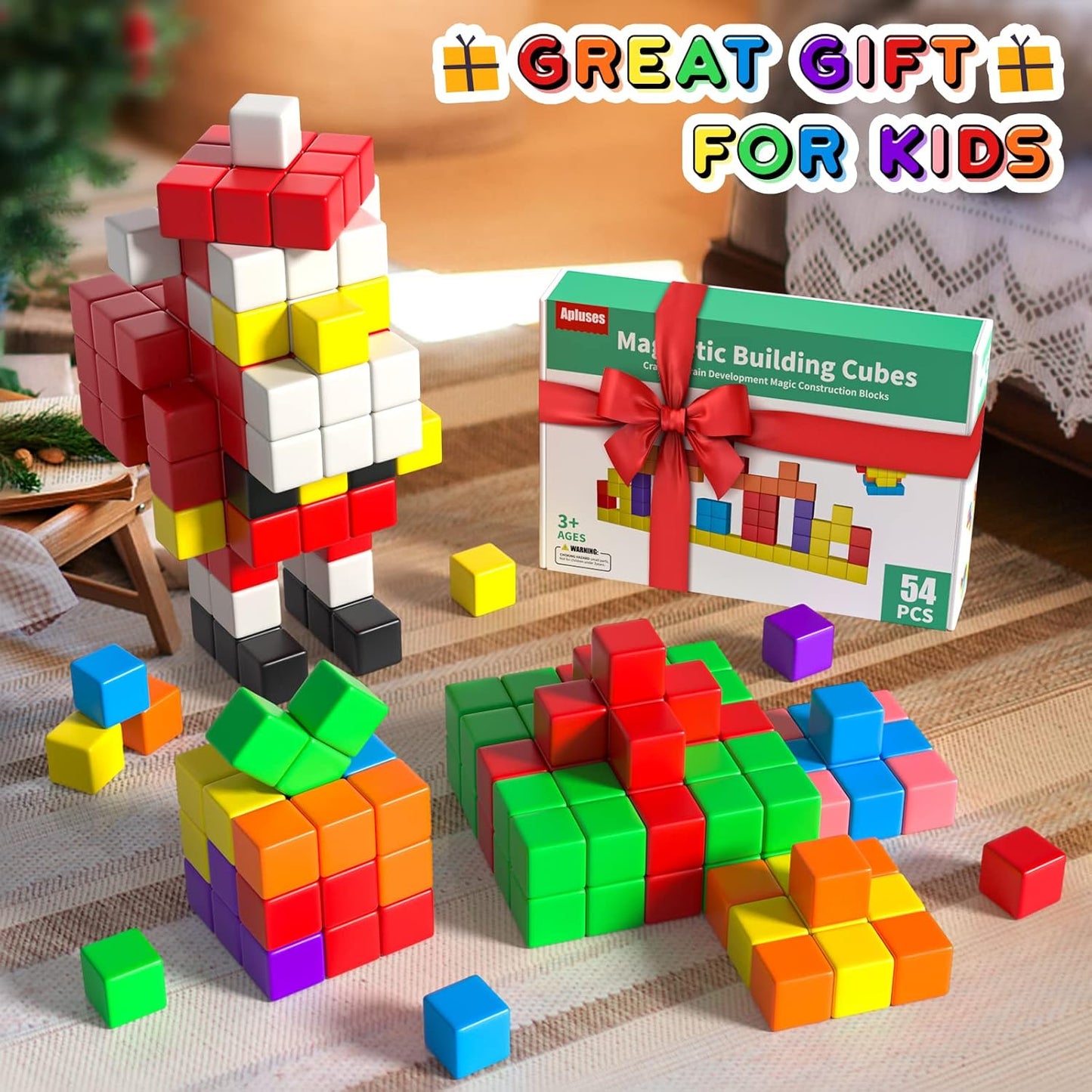 HotApluses 54 PCS Magnetic Blocks, Magnetic Building Blocks for Toddlers 3+, Montessori Toys, Magnet Cubes, Preschool STEM Educational Sensory Magnet Toys for Kids Ages 3-5 Year Old Boys and Girls