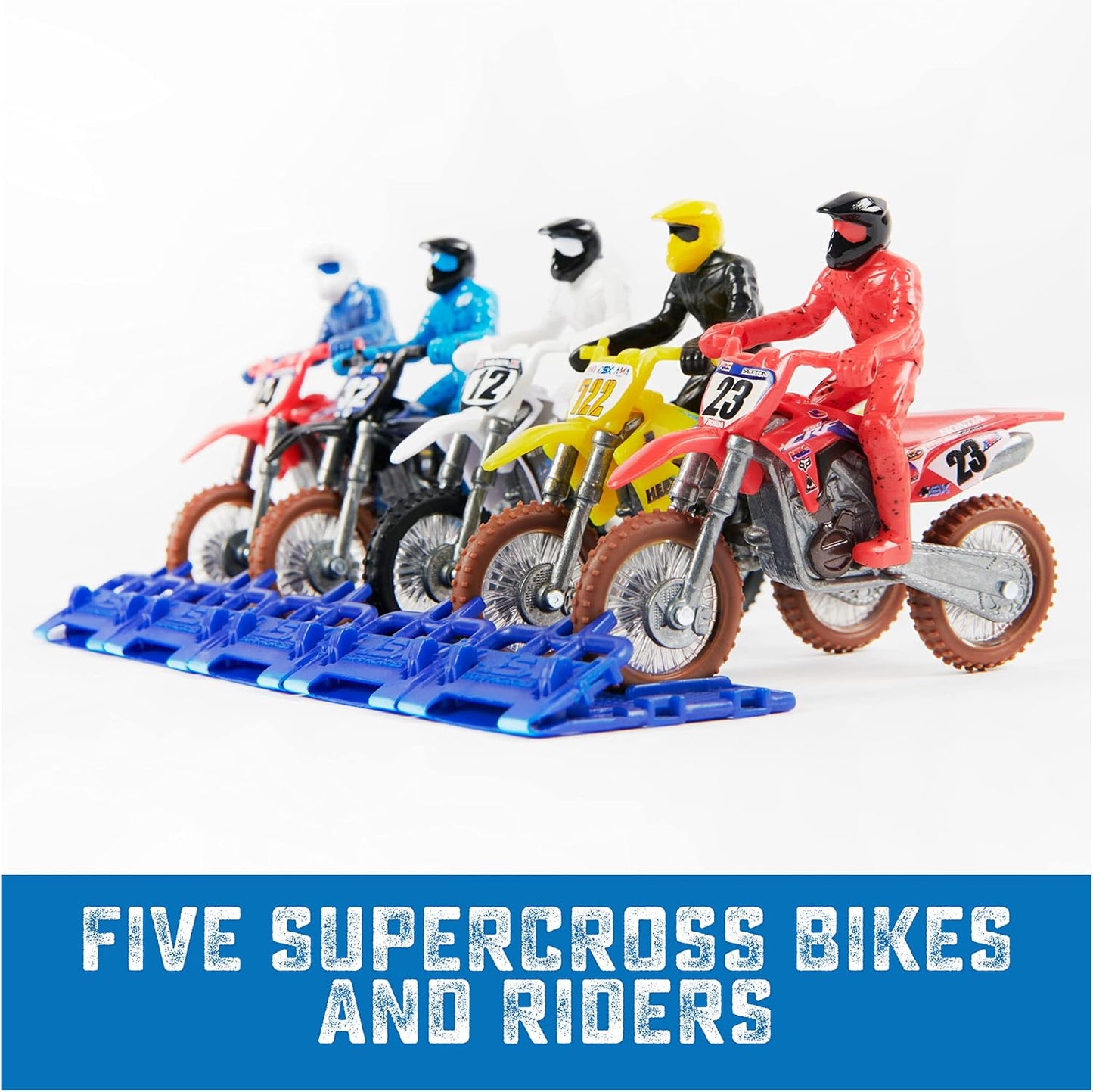 Hot Supercross, Authentic 5-Pack of 1:24 Scale Die-Cast Motorcycles with Rider Figure, Toy Moto Bike for Kids and Collectors Ages 3 and up