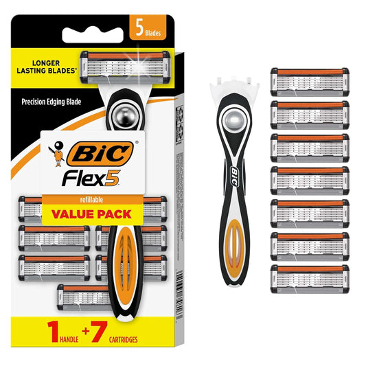 HotBIC Flex 5 Refillable Razors for Men, Long-Lasting 5 Blade Razors for a Smooth and Comfortable Shave, 1 Handle and 7 Cartridges, 8 Piece Shaving Kit