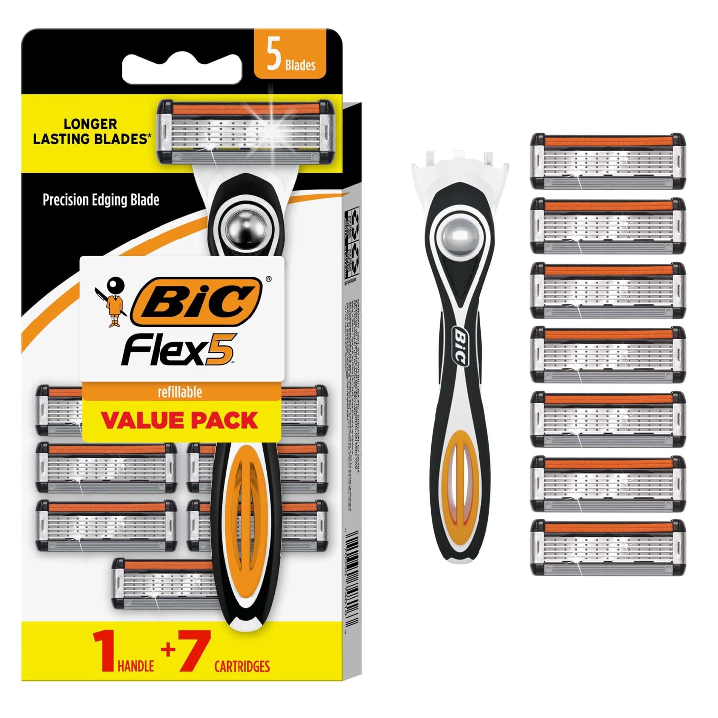 HotBIC Flex 5 Refillable Razors for Men, Long-Lasting 5 Blade Razors for a Smooth and Comfortable Shave, 1 Handle and 7 Cartridges, 8 Piece Shaving Kit