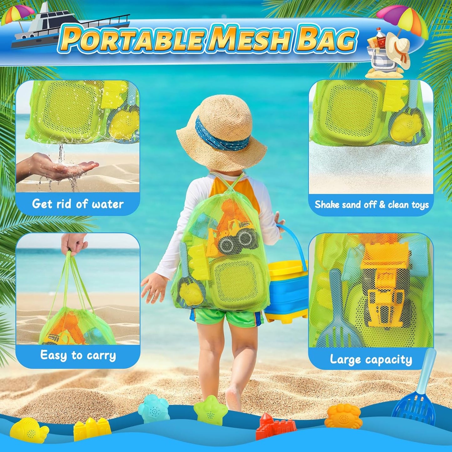 HotCollapsible Beach Sand Toys for Kids, Sandbox Toys Summer Travel Essentials | Includes Bucket, Sand Shovel, Beach Sifter, Castle Molds, Toddler Beach Toys with Mesh Bag, Outdoor Beach for Kids Girls