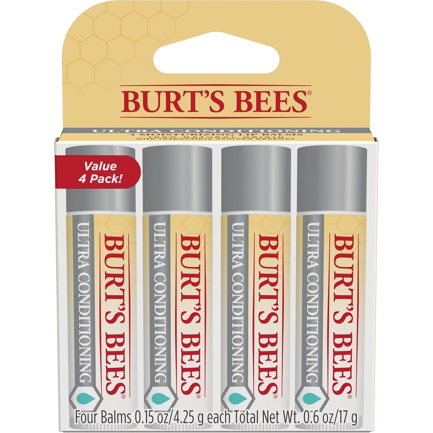 HotBurt's Bees Lip Balm, Moisturizing Lip Care, 100 Percent Natural Origin, Ultra Conditioning with Shea, Cocoa and Kokum Butter, 0.15 oz., Four Tubes