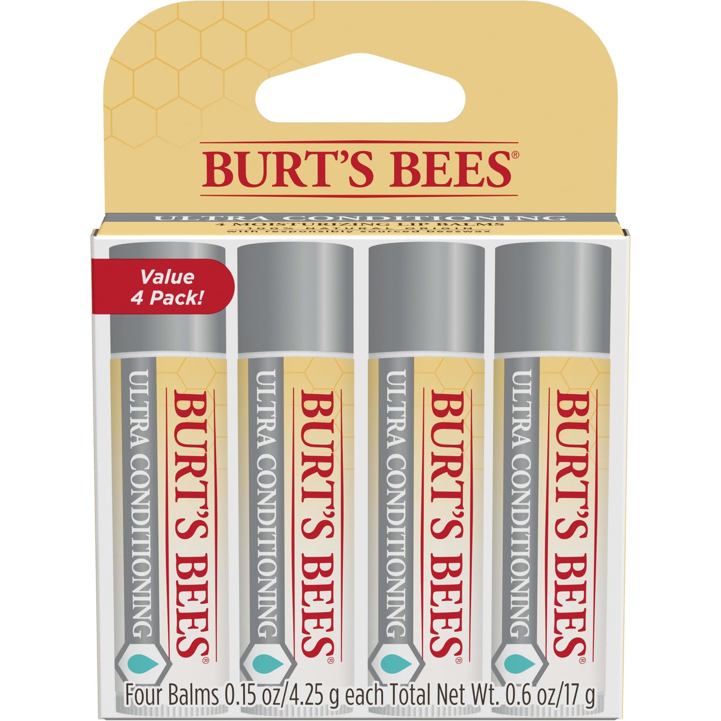 HotBurt's Bees Lip Balm, Moisturizing Lip Care, 100 Percent Natural Origin, Ultra Conditioning with Shea, Cocoa and Kokum Butter, 0.15 oz., Four Tubes