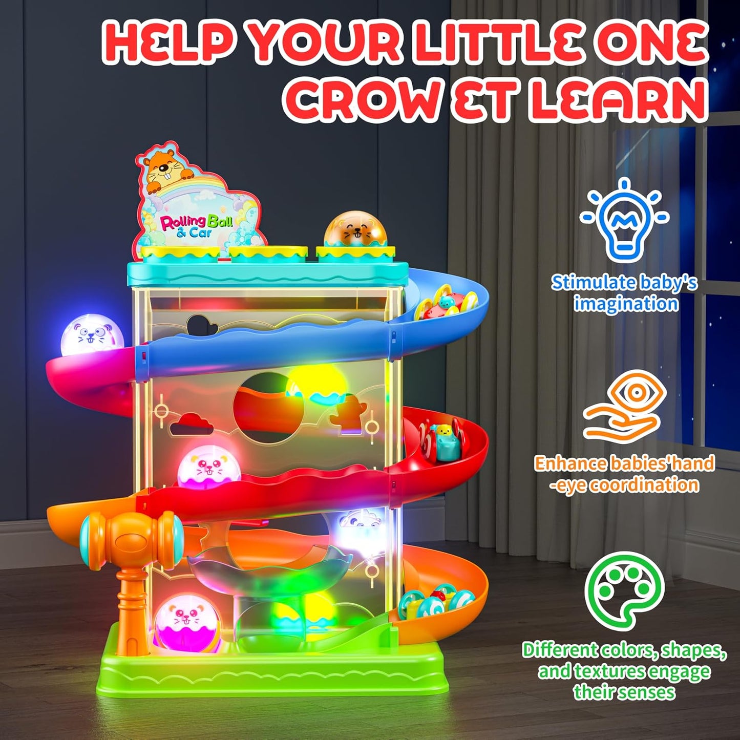 Hot2-in-1 Rolling Ball & Car Ramp Race Track for Toddlers, Hammer Ball Drop Toy for Boys & Girls, Interactive Playset w/Sensor Lights - Montessori STEM Learning Toys for Kids 1-5+ Year Old