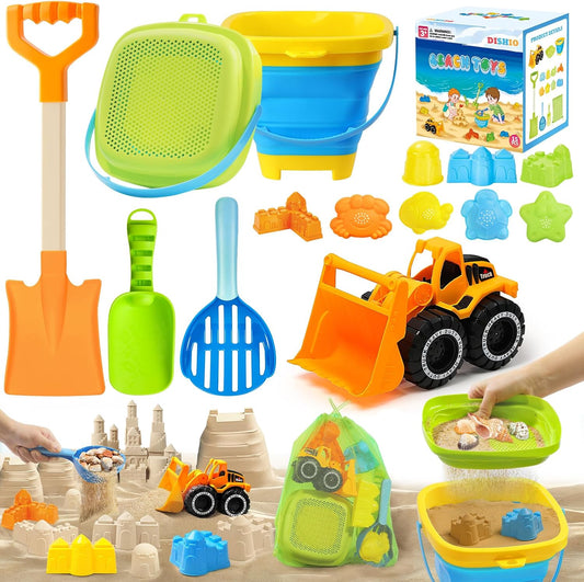 HotCollapsible Beach Sand Toys for Kids, Sandbox Toys Summer Travel Essentials | Includes Bucket, Sand Shovel, Beach Sifter, Castle Molds, Toddler Beach Toys with Mesh Bag, Outdoor Beach for Kids Girls
