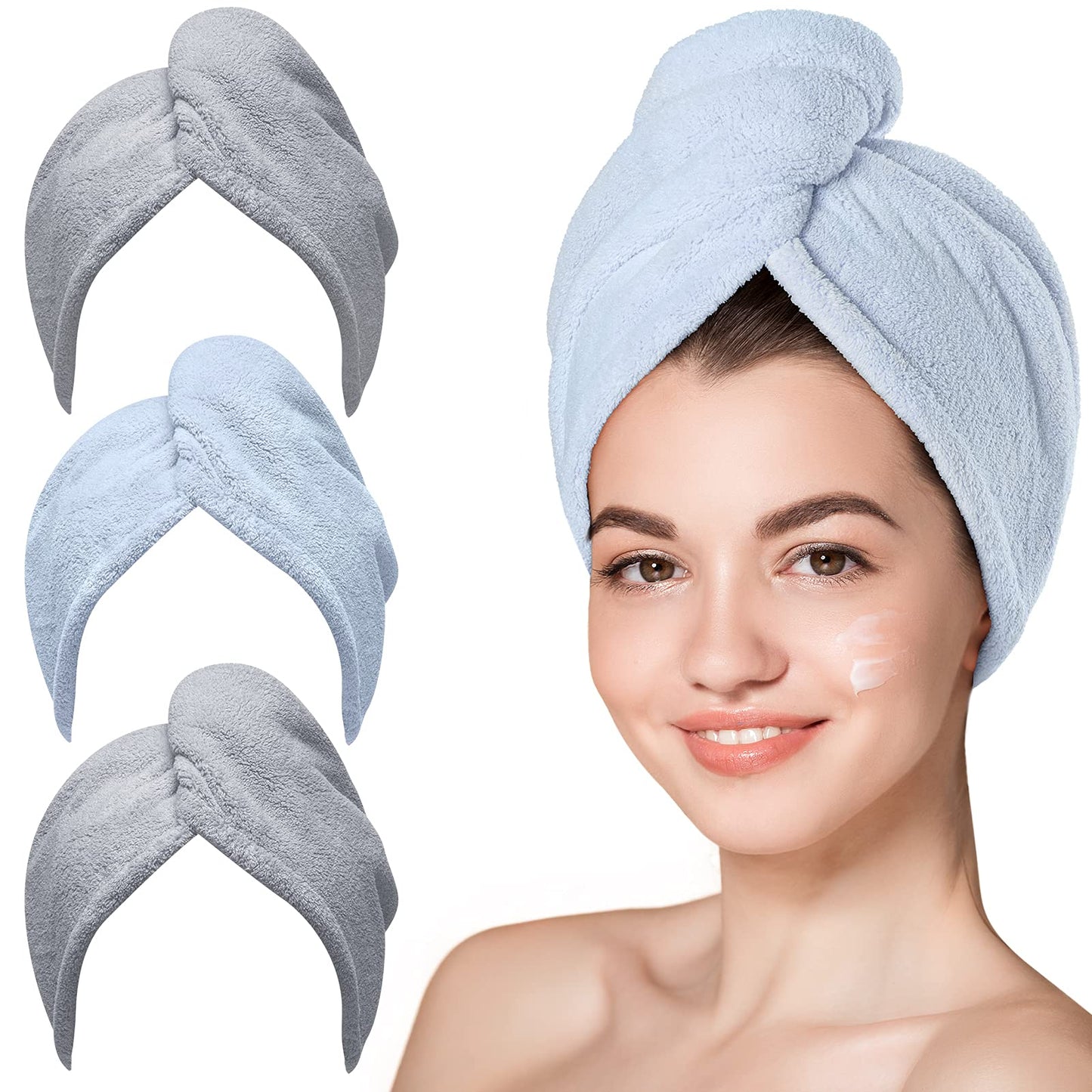 HotHicober Microfiber Hair Towel Wrap, Fast Drying Hair Towels for Women, Soft Lightweight Quick Dry Turban for Curly & Long Hair–3 Pack(Blue/Grey/Pink)
