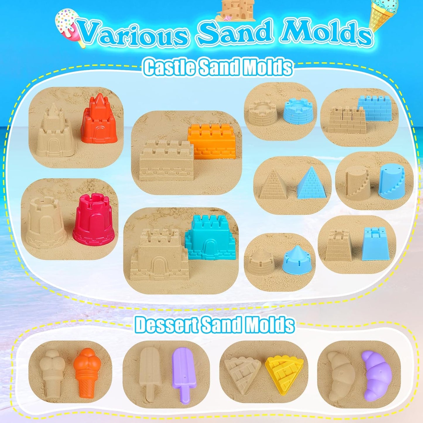 Hot FUSPWEAO Beach Toys Sand Toys for Kids, Sand Castle Toys for Beach with 2 Castle Bucket and Mesh Bag, Sand Molds, Shovels and Rakes, Sandbox Toys for Toddlers, Travel Beach Toys for Kids 3-10