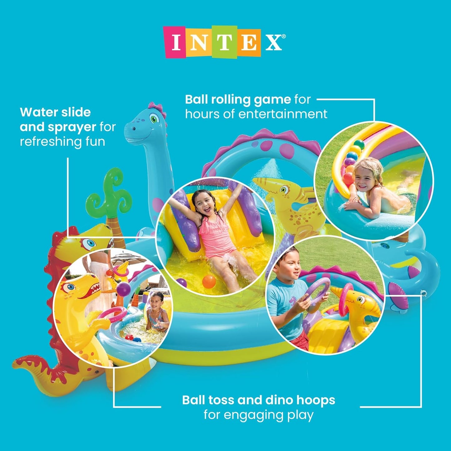 Hot INTEX Dinoland Inflatable Kiddie Pool: Inflatable Kids Pool with Water Sprayer and Slide – Splash Pad – 119" x 90" x 44" – Ages 3+