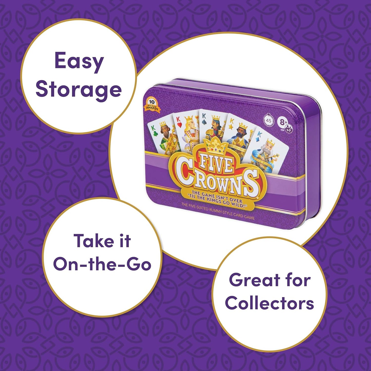 HotFive Crowns Collectible Tin – Card Game for Kids and Adults, Family Game Night, The Game isn’t Over Until the Kings Go Wild, 5 Suited Rummy Style Card Game, 1-7 Players, Ages 8+