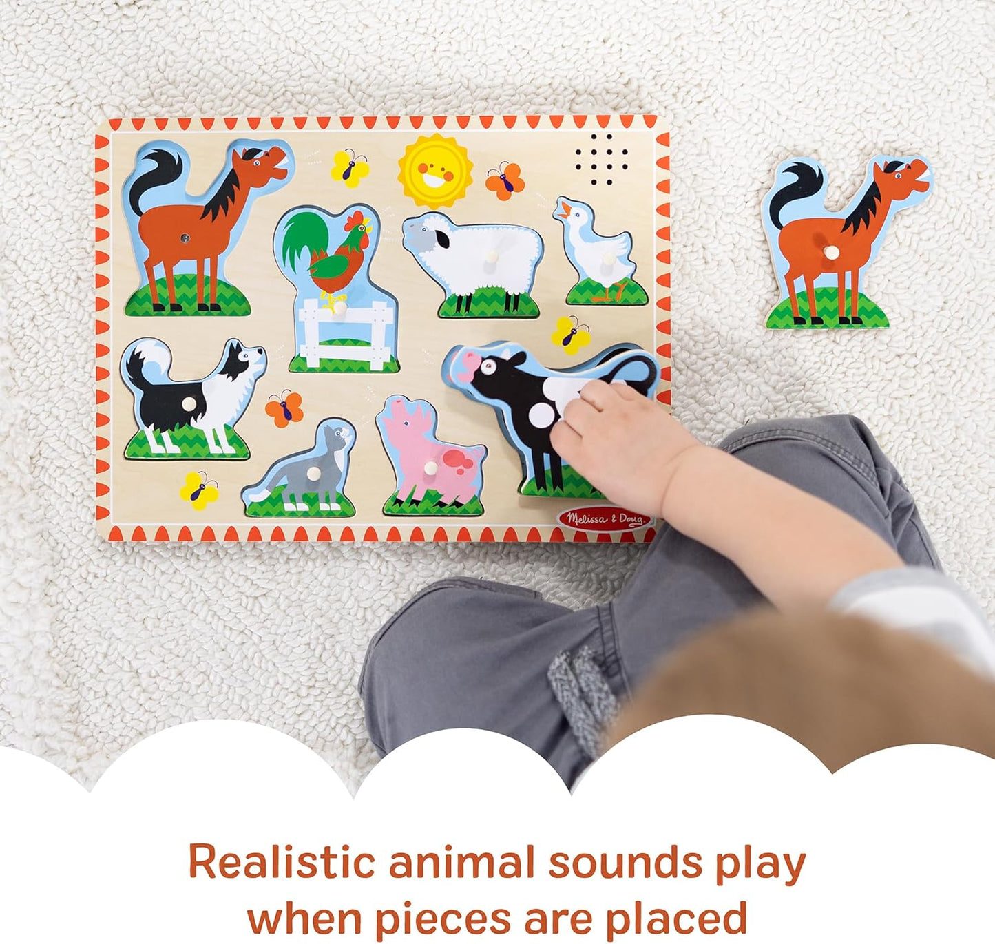 HotMelissa & Doug Farm Animals Sound Puzzle – 8-Piece Wooden Peg Puzzle with Light-Activated Sounds, Music Learning Toy for Toddlers and Preschoolers Ages 2+