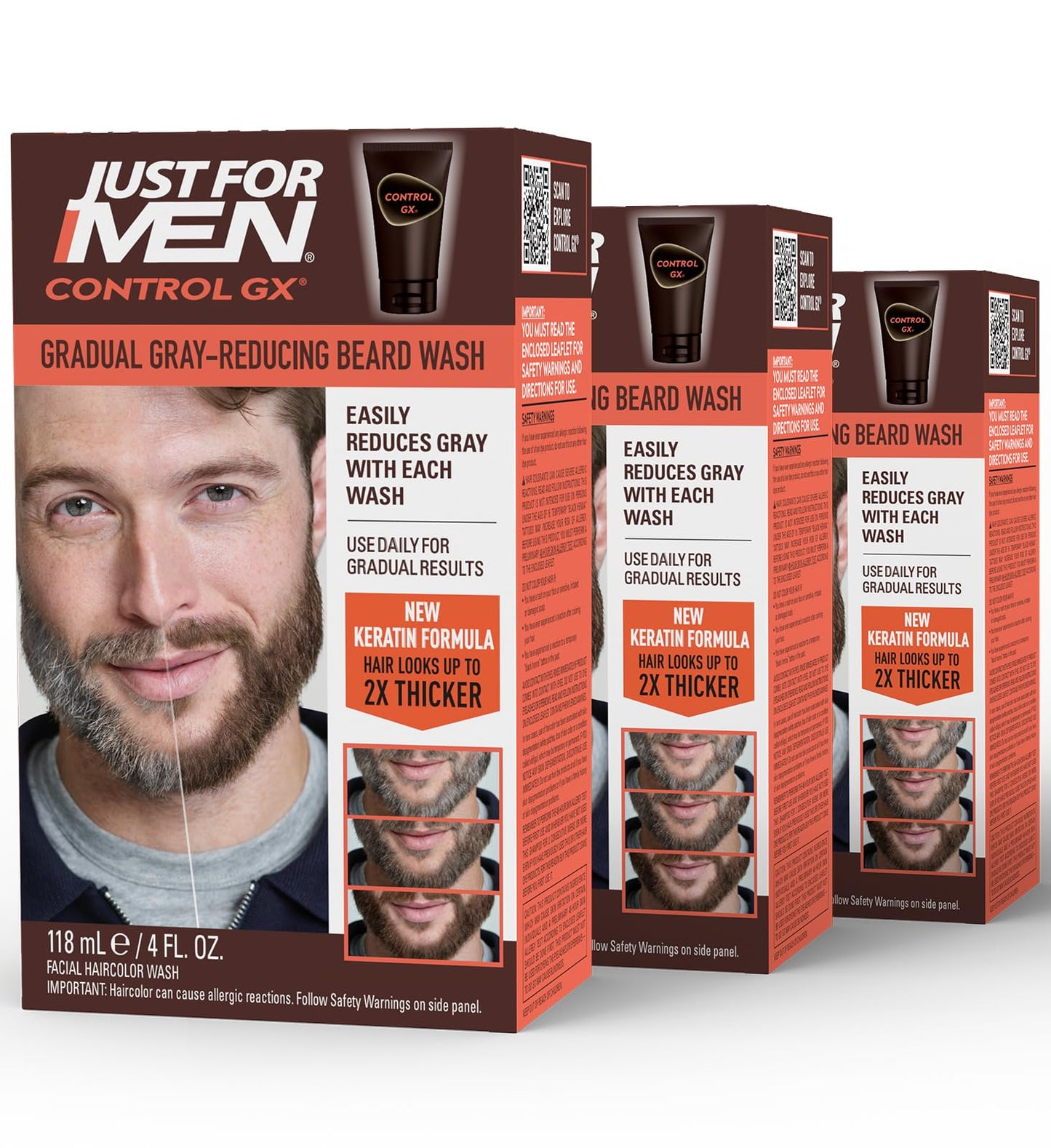 HotJust for Men Control GX Grey Reducing Beard Wash Shampoo with Keratin, Gradually Colors Mustache and Beard, Leaves Facial Hair Thicker Softer and Fuller, 4 Fl Oz - Pack of 1