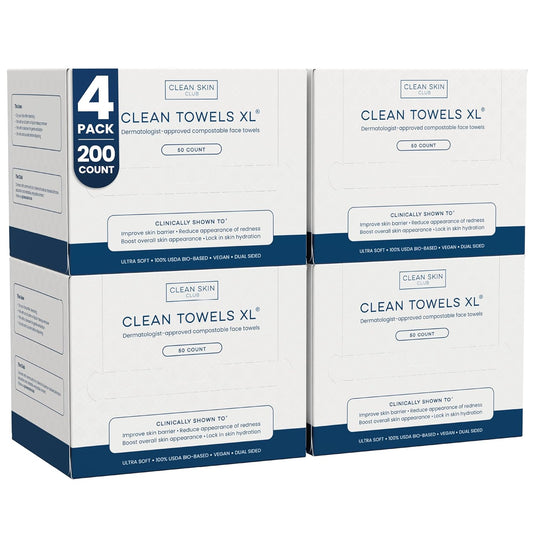 HotClean Skin Club Clean Towels XL®, 100% USDA Biobased Face Towel, Disposable Face Towelette, Eczema Association Accepted, Makeup Remover Dry Wipes, Ultra Soft, 50 ct per pack, 4 Packs, 200 Ct Total