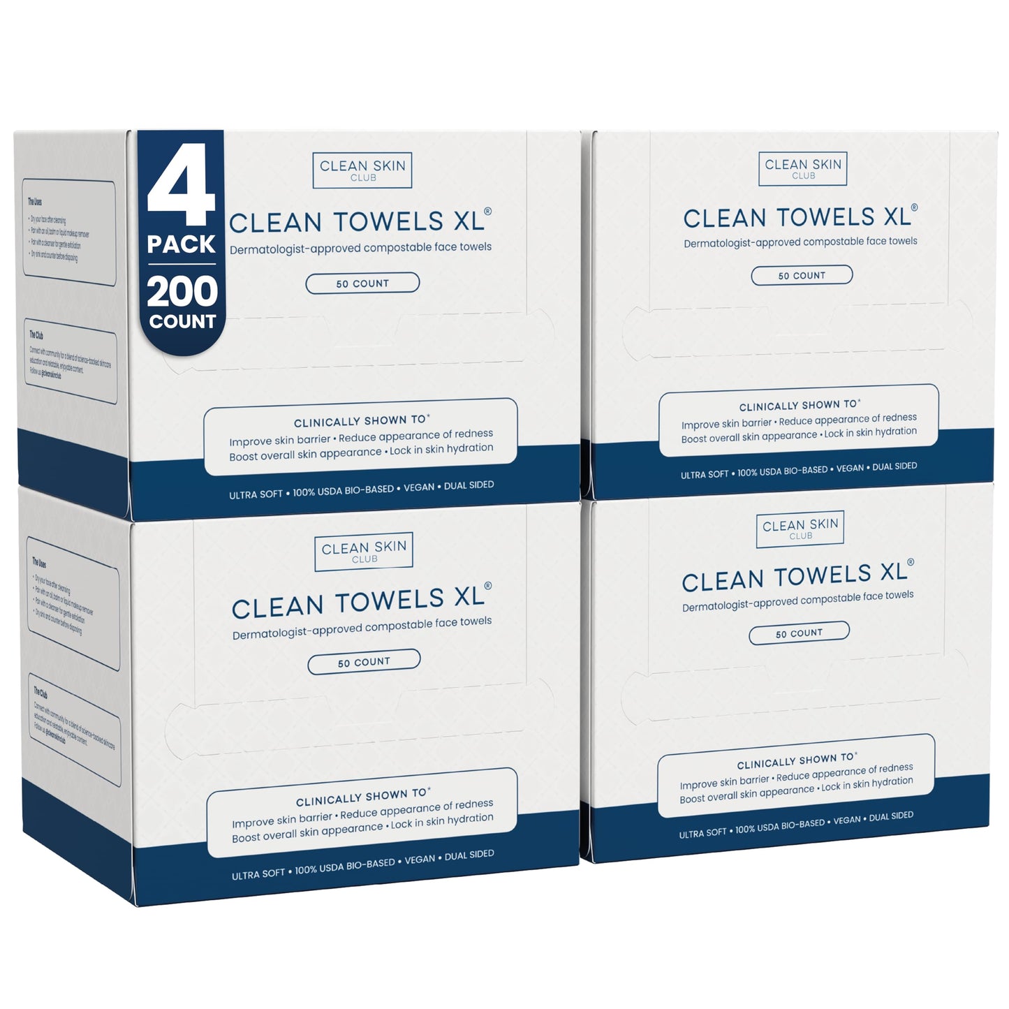 HotClean Skin Club Clean Towels XL®, 100% USDA Biobased Face Towel, Disposable Face Towelette, Eczema Association Accepted, Makeup Remover Dry Wipes, Ultra Soft, 50 ct per pack, 2 Packs, 100 Ct Total