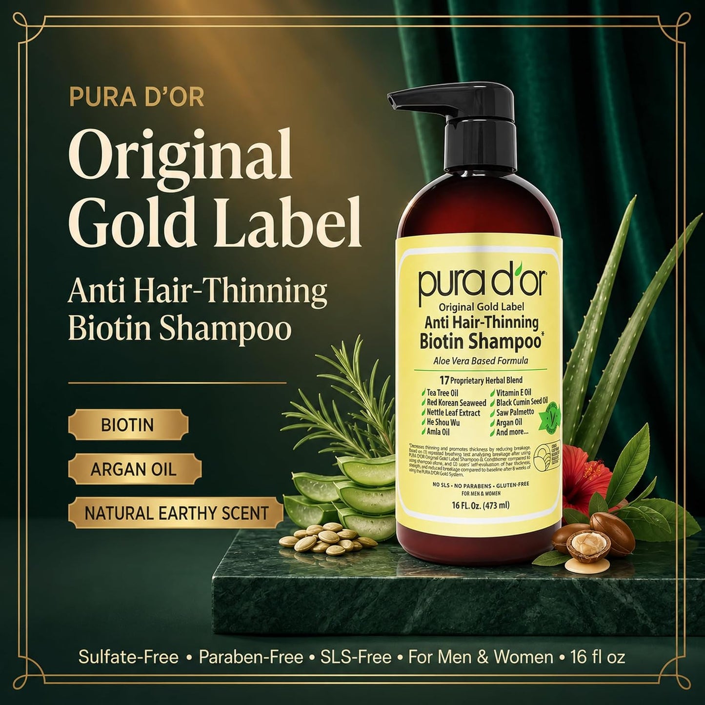 HotPURA D'OR Original Gold Label Anti-Thinning Shampoo - CLINICALLY TESTED - Biotin & Argan Oil – Sulfate-Free Strengthening & Volumizing for Fuller-Looking Hair, Men & Women, Natural Earthy Scent 16 oz