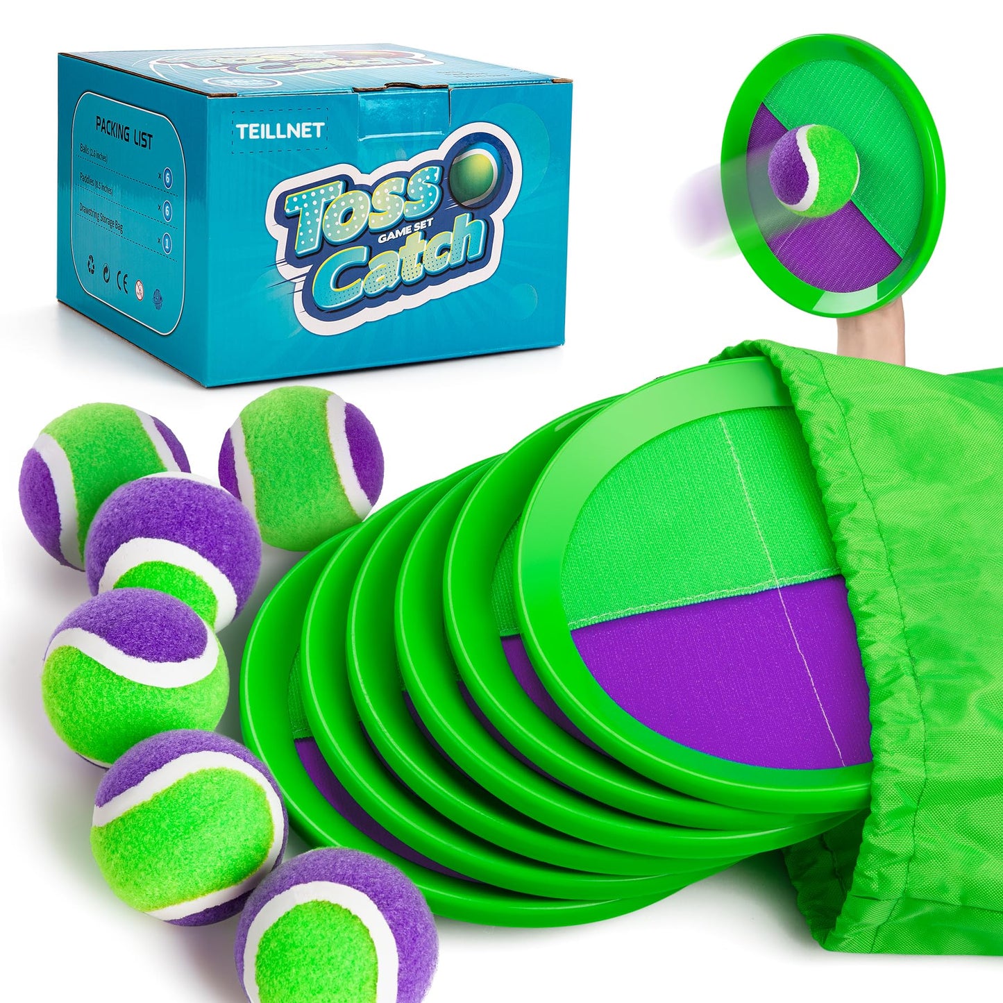 Hot TEILLNET Toss and Catch Ball Set Upgraded - Kids Toys Beach Toys Baseball Games - Sturdy & Water-Resistant for Outdoor Pool Yard Games - Classic Gift for Boys Girls 3 4 5 6 7 8 9 10 11 12+ Years