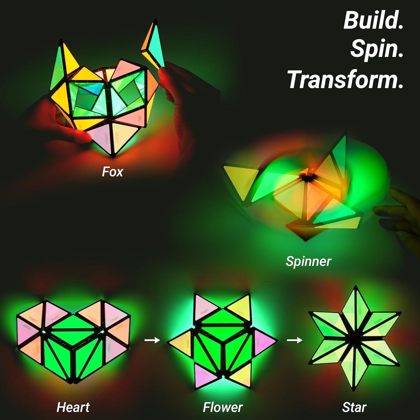 HotTOSY Magnet Pyramid Glow - 1 Cube Transforms into 1 Billion Shapes, 12 Pieces, 243 Rare Earth Magnets, Glowing, Holographic Design Magnet Tiles Creative Puzzle STEM/STEAM Toy