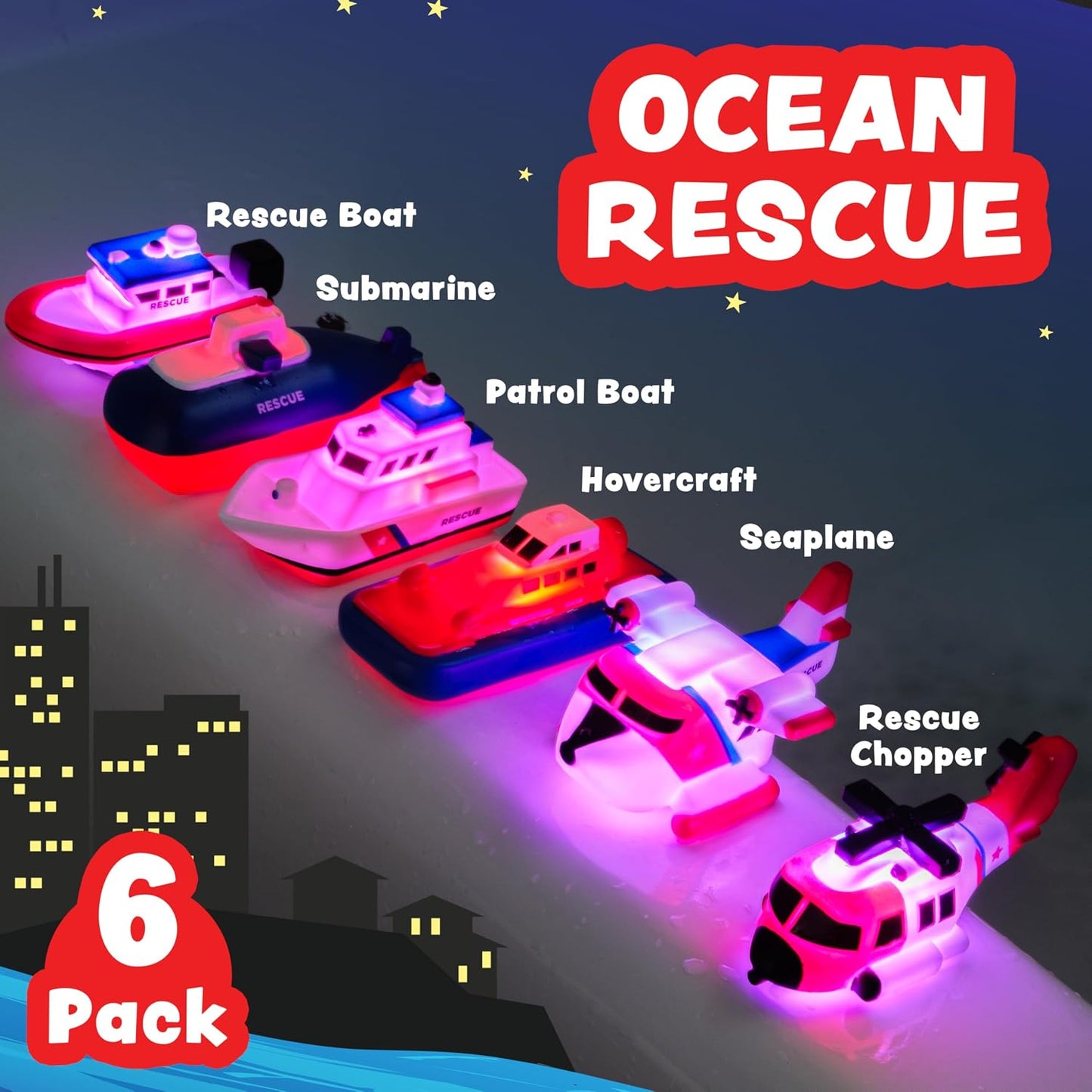 HotTub Works® Ocean Rescue™ Vehicles Light Up Bath Toys, 6 Pack | Water-Activated Light Up Toys Flash & Change Color | Easy-Grip Baby & Toddler Bath Toys | Sensory Toys with Bath Lights for Kids Bath