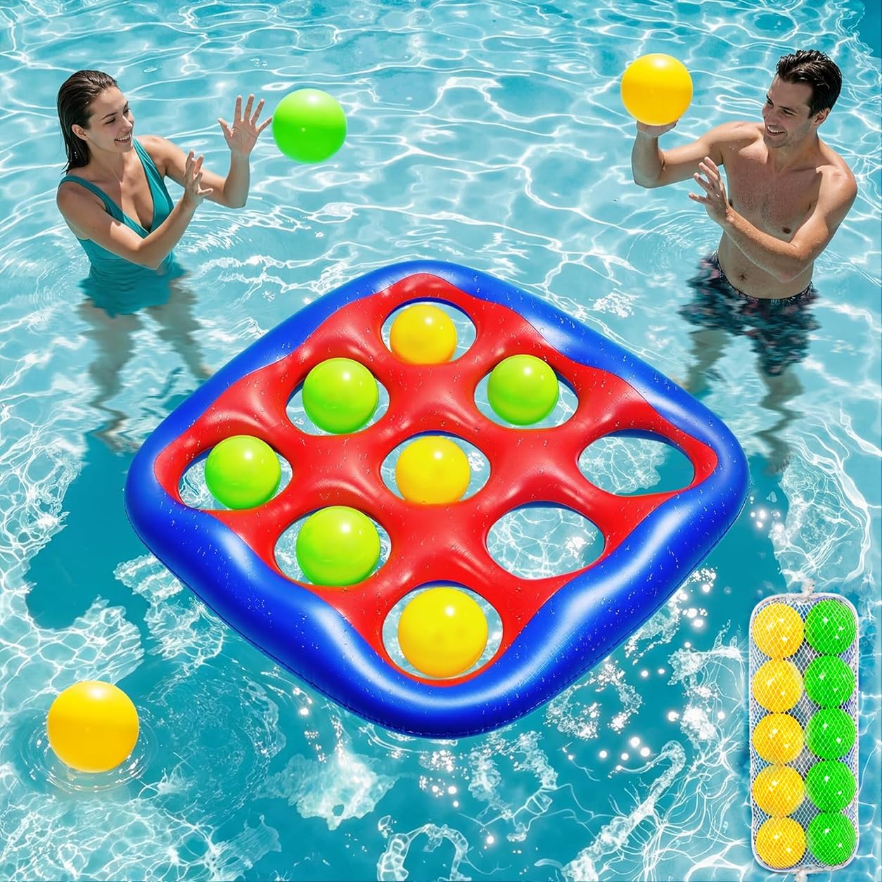 Hot Pool Games Set- Tic-Tac-Toe Inflatable Pool Toys with 10 Balls Fun Summer Swimming Pool Party Beach Lawn Outdoor Camping Party Float Game Water Ball Toys for Adults Teens Kids 2-10 Players