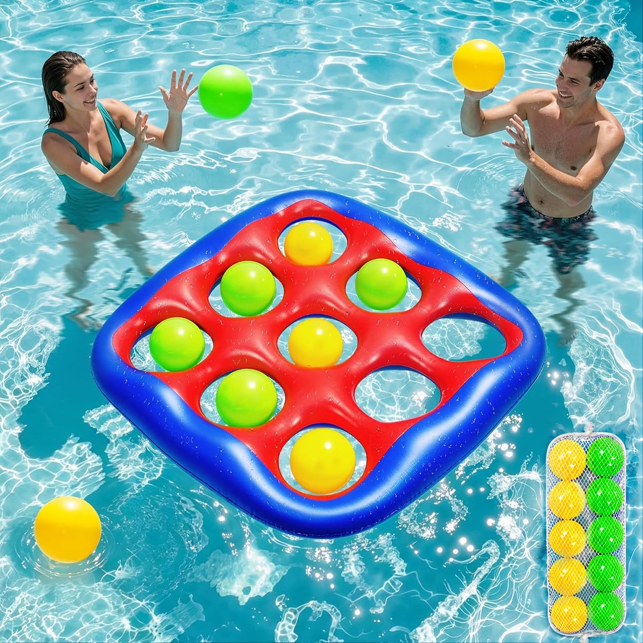 Hot Pool Games Set- Tic-Tac-Toe Inflatable Pool Toys with 10 Balls Fun Summer Swimming Pool Party Beach Lawn Outdoor Camping Party Float Game Water Ball Toys for Adults Teens Kids 2-10 Players