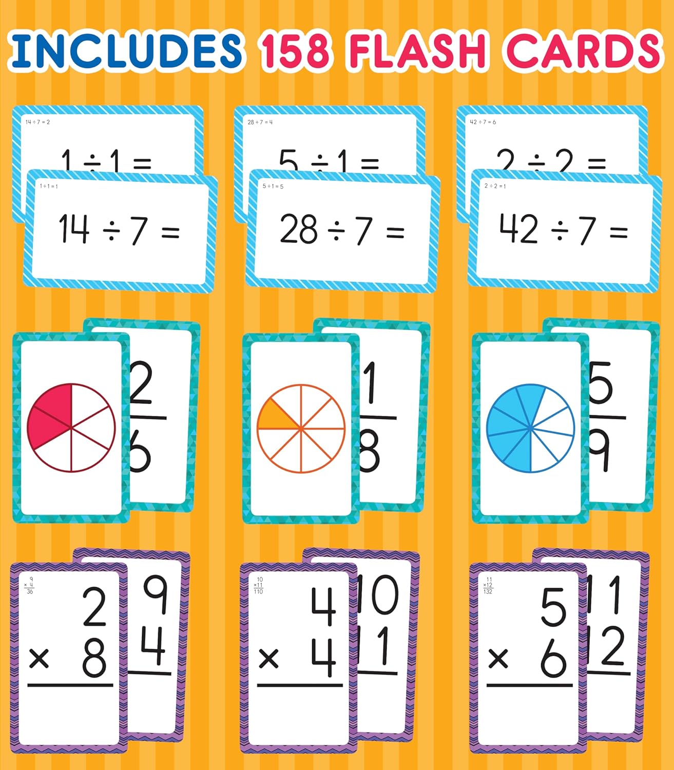 Hot Carson Dellosa Division, Fractions, and Multiplication Flash Cards, 3 Sets of Flashcards, Math Games for Kids 8-12, 3rd Grade Mathematics Practice and Up