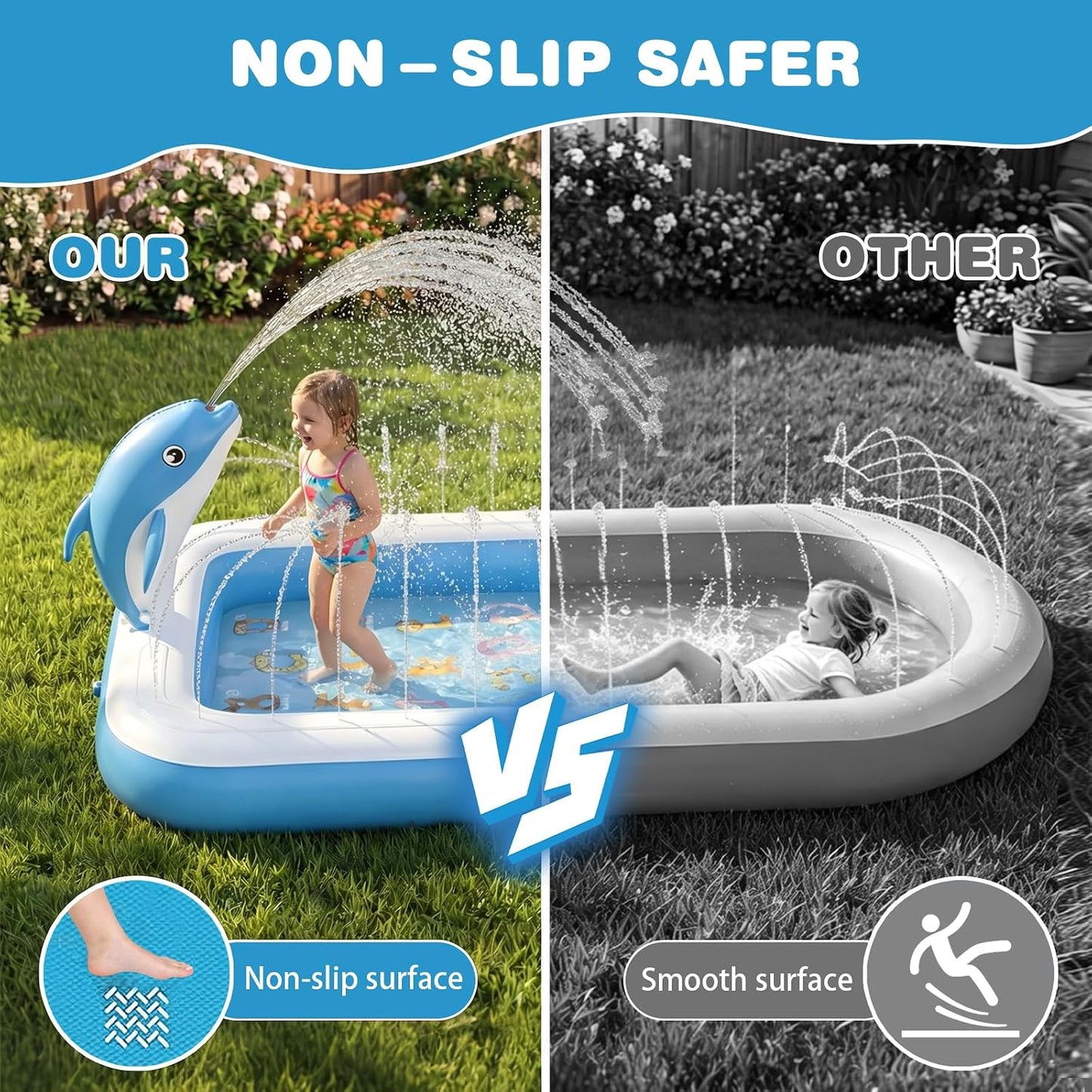 HotSplash Pads for Toddlers 1-3, Dolphin Toy Sprinkler for Kids, Outdoor Play Mat for Babies, 68" Backyard Inflatable Kiddie Pool, Splash Pad for Kids Ages 4-8, Birthday Gifts for 1 Year Old Boy Girl